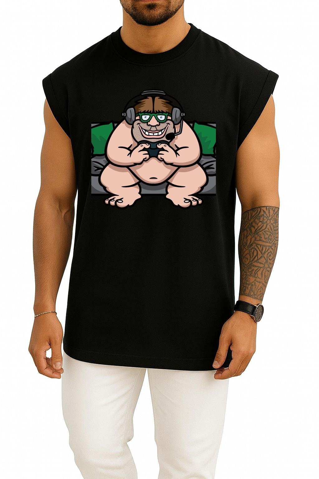 Oversize Ani Saldırı Garry 'Nin Mod Gamer Tişört Göğüs Baskılı Atlet