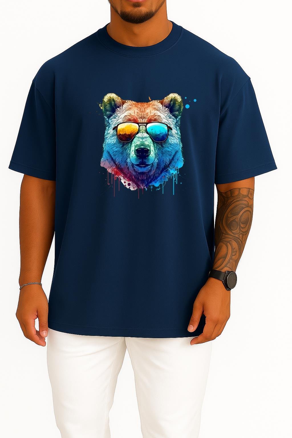 Oversize Cool Bear Psychedelic Bear Göğüs Tasarımlı Unisex T-Shirt