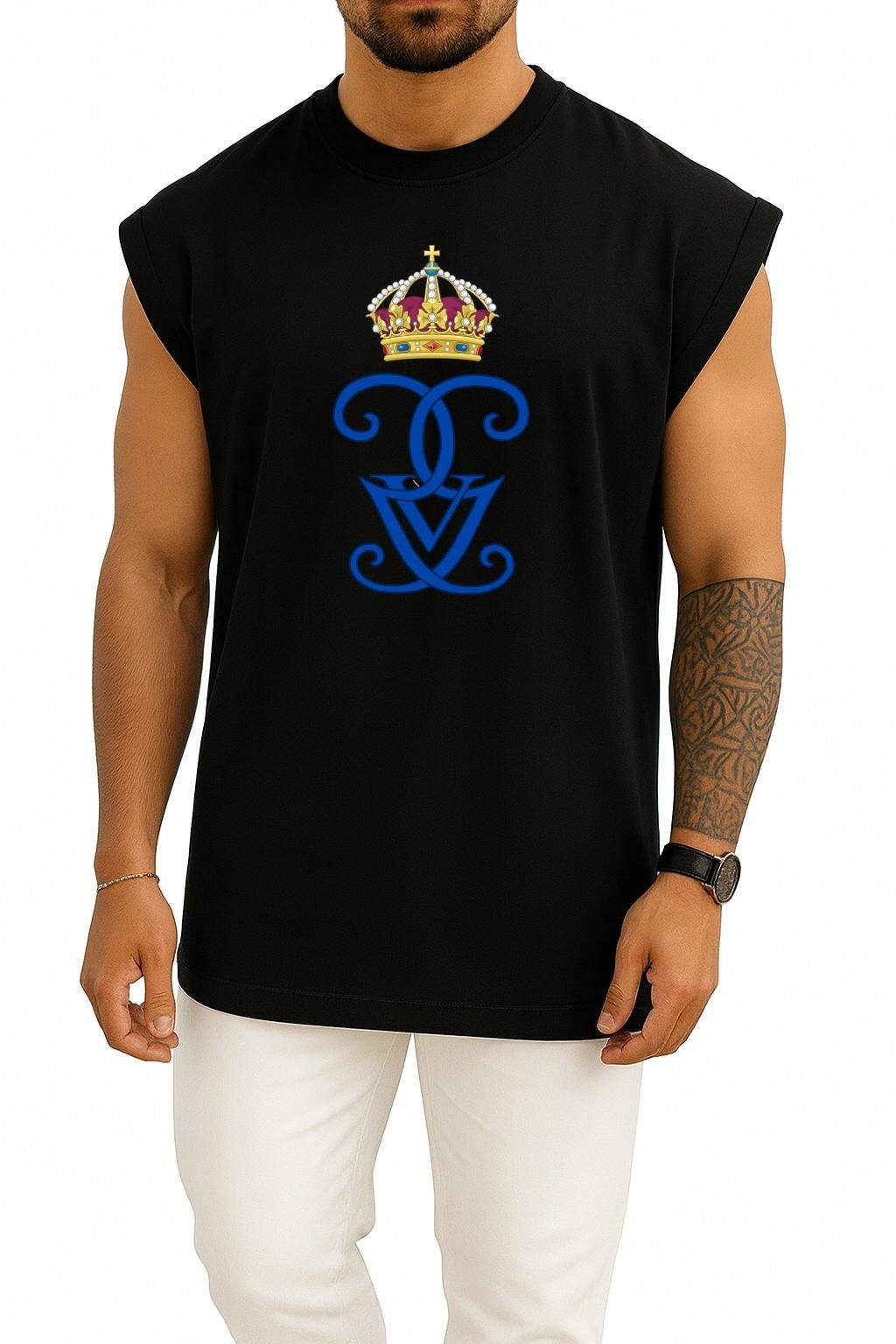Oversize İsveçli Gustaf V Royal Cypher Monogram Monarch Göğüs Baskılı Atlet