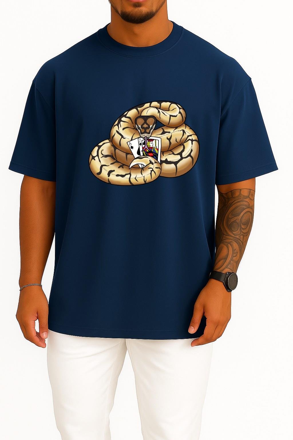 Oversize Snake Ball Python Logo Blackjack Göğüs Tasarımlı Unisex T-Shirt
