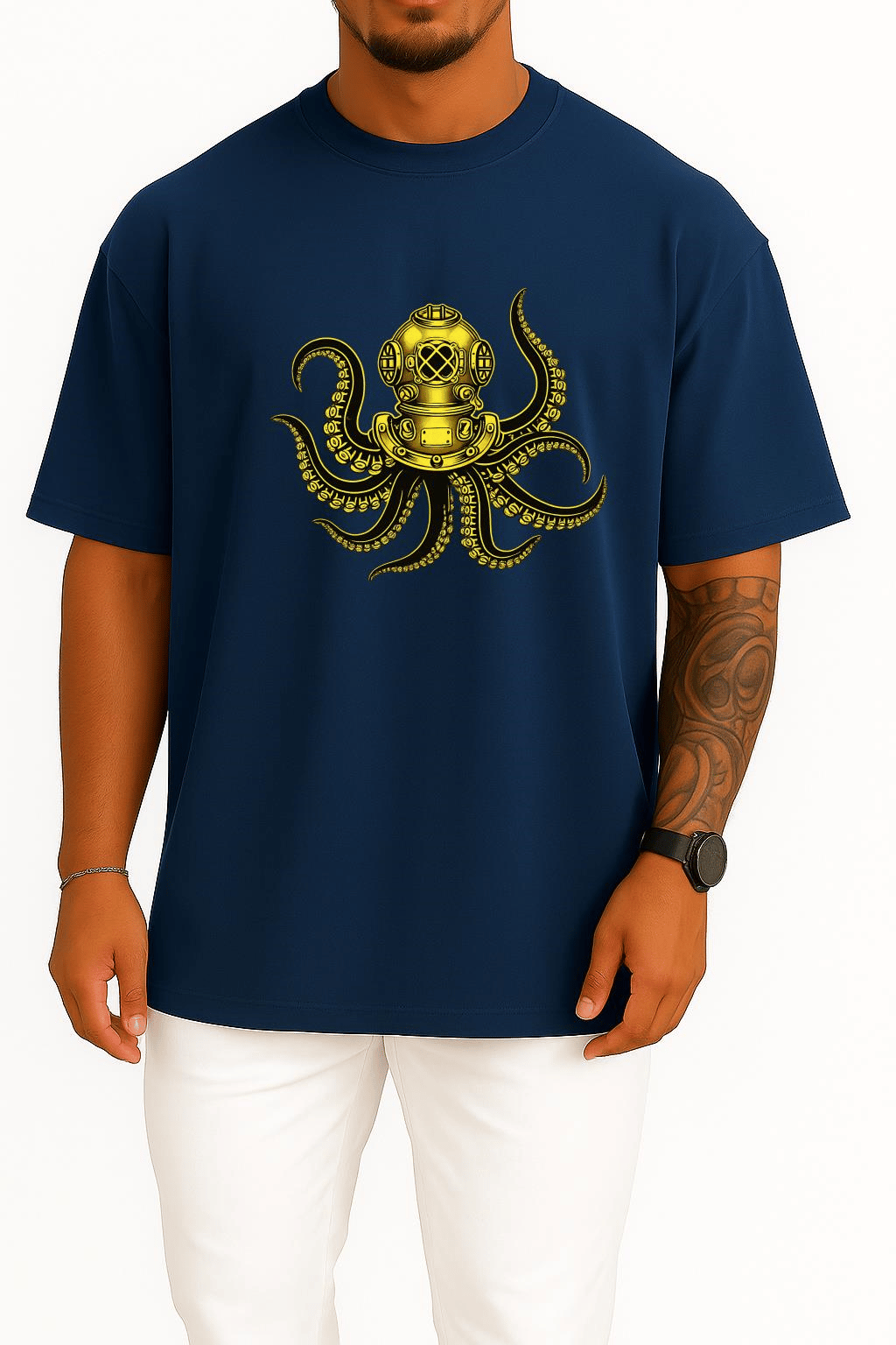 Oversize Steampunk Octopus Dalgıç Başlığı) Göğüs ve Sırt Baskılı Unisex T-Shirt