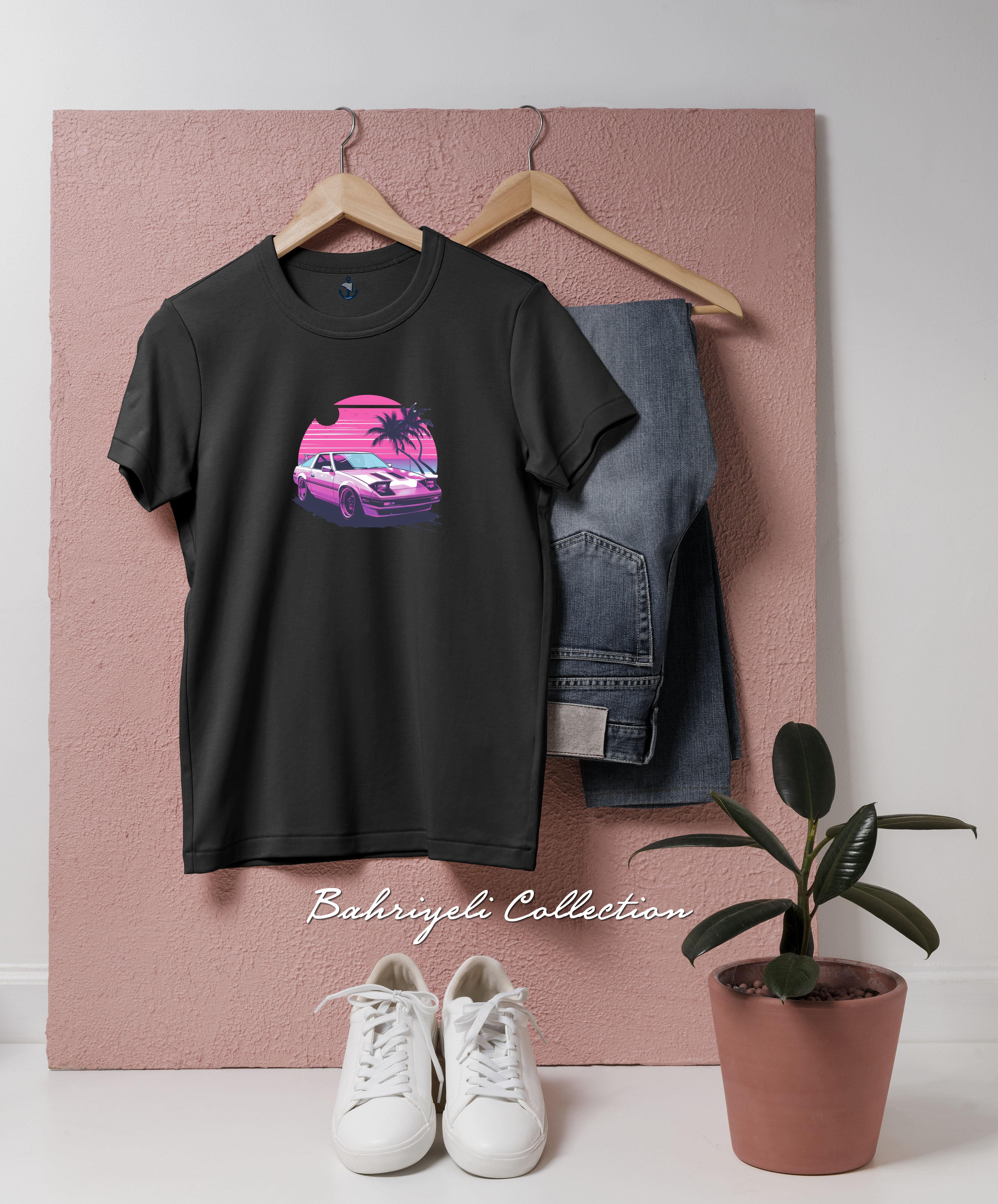 Oversize Vaporwave Gün Batımı ile Retro Araba Tasarımlı Unisex T-Shirt