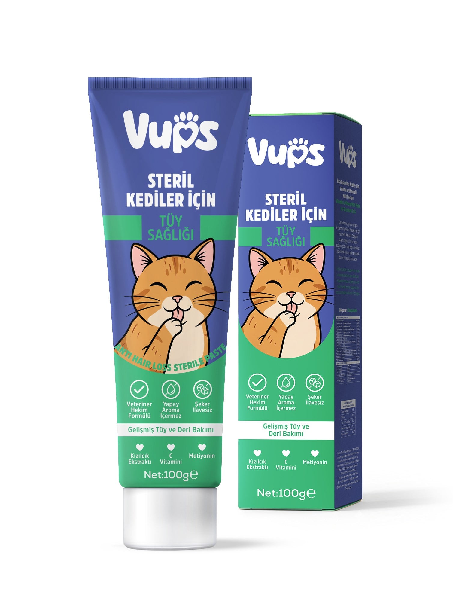 VUPS Tüy Dökülmesini Azaltmaya Yardımcı, Tüy Yumağı ve Kusma Karşıtı Kedi Malt Macunu 100 g