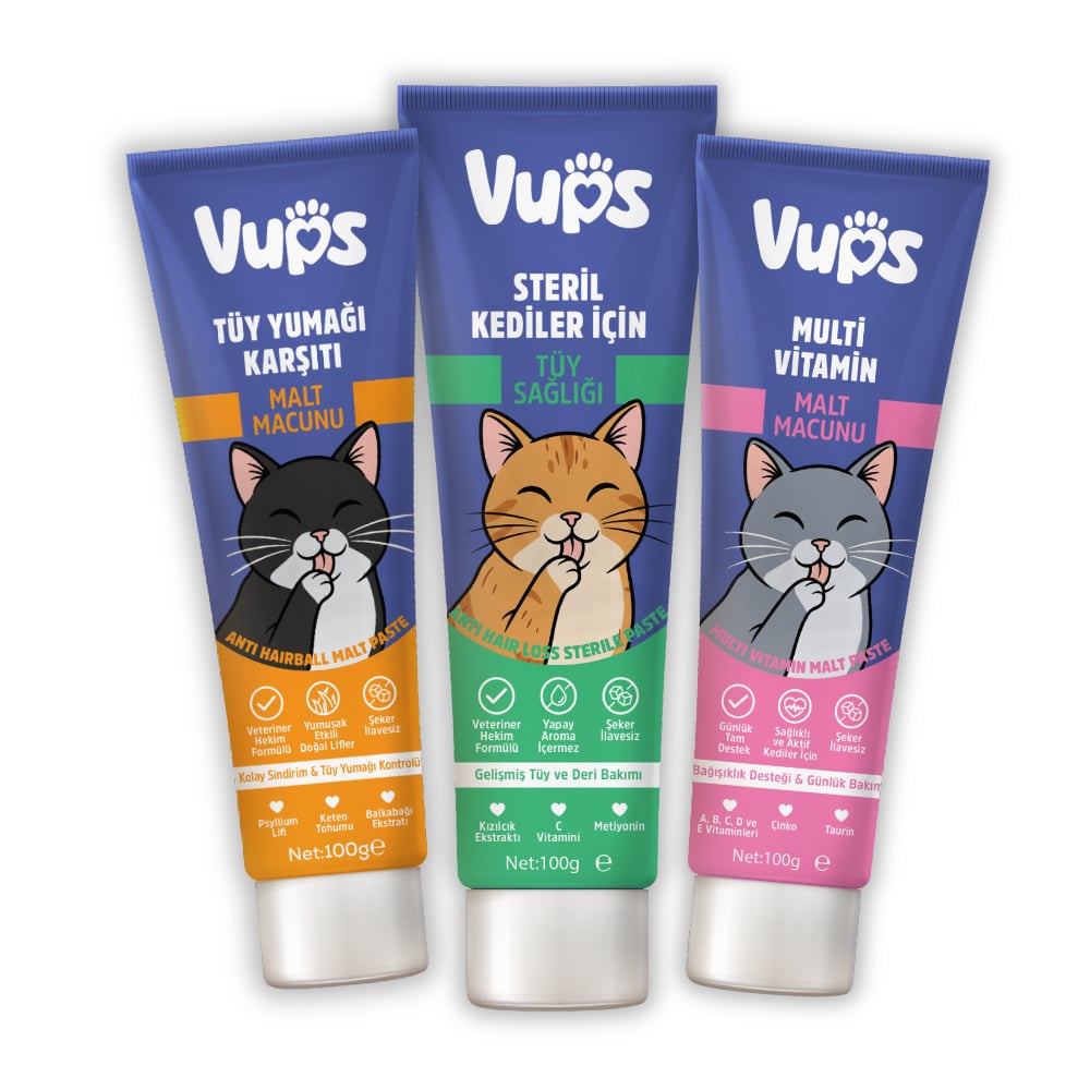 VUPS Kedi Malt Macunu 3'lü Set - Tüy Yumağı Karşıtı, Sindirim Destekleyici ve Multivitamin Paketi 3x100gr