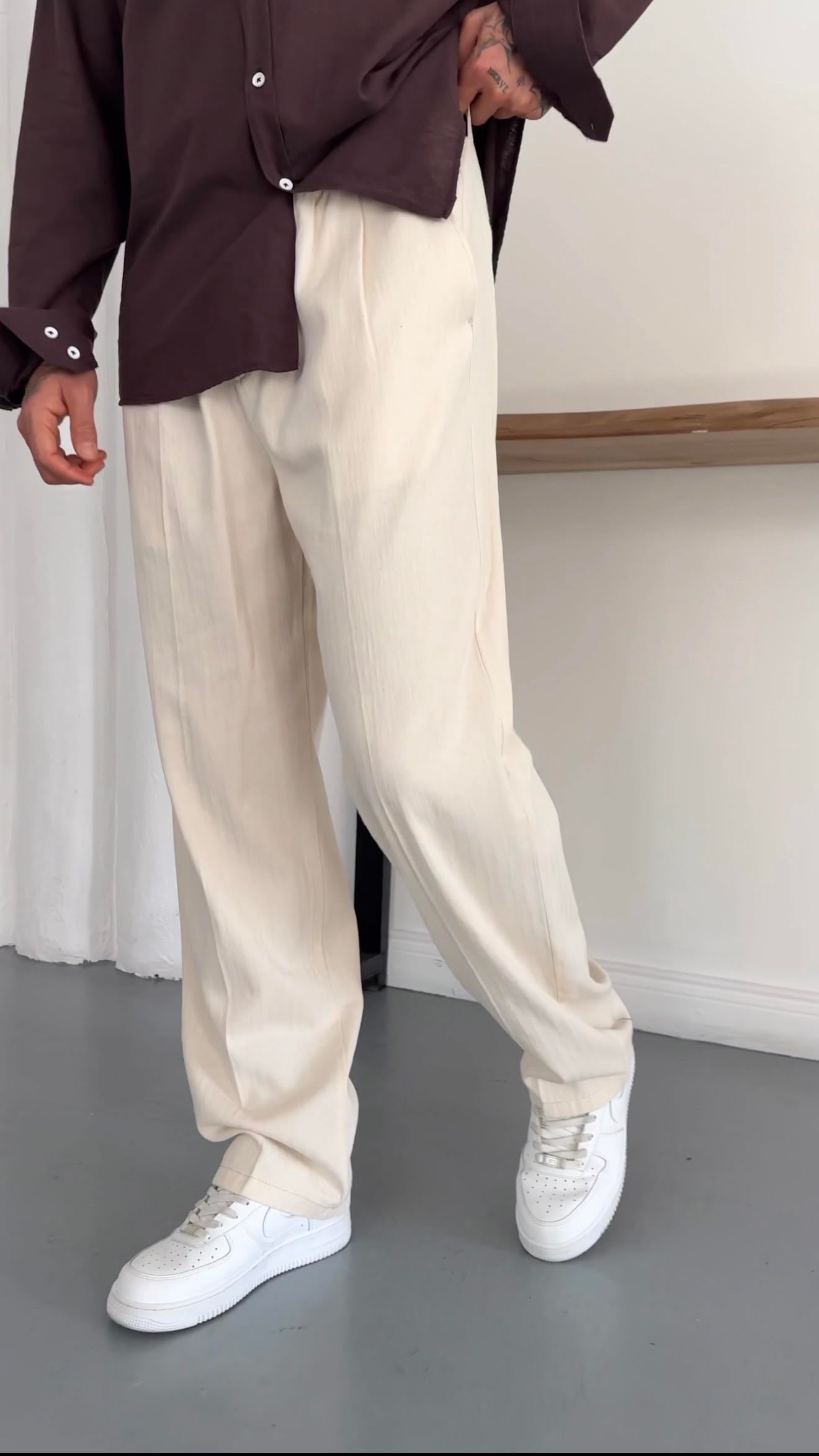 Baggy Çizgi Desen Pamuk Kemerli Pantolon