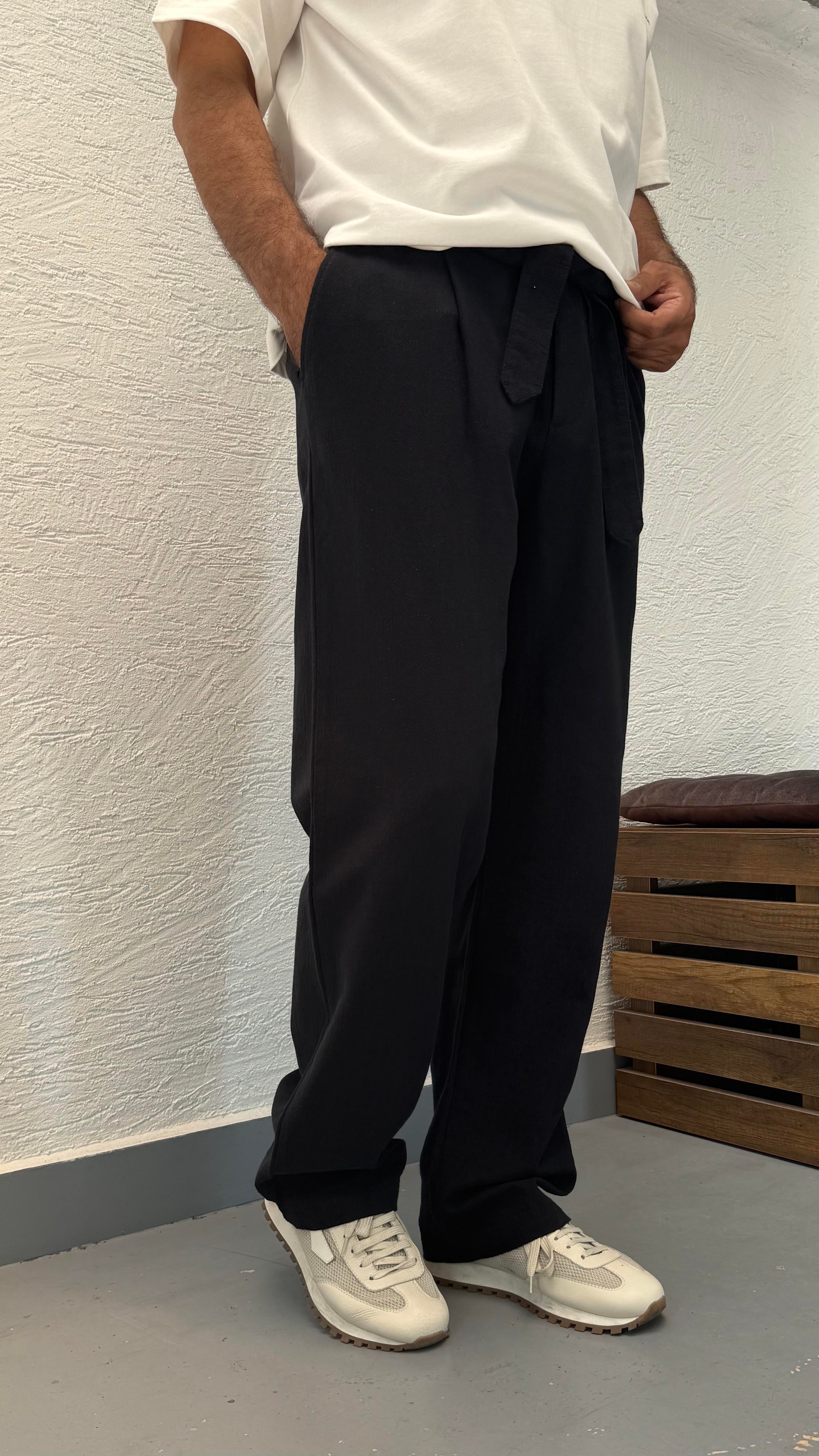 Kuşak Detay Pamuk Keten Baggy Pantolon