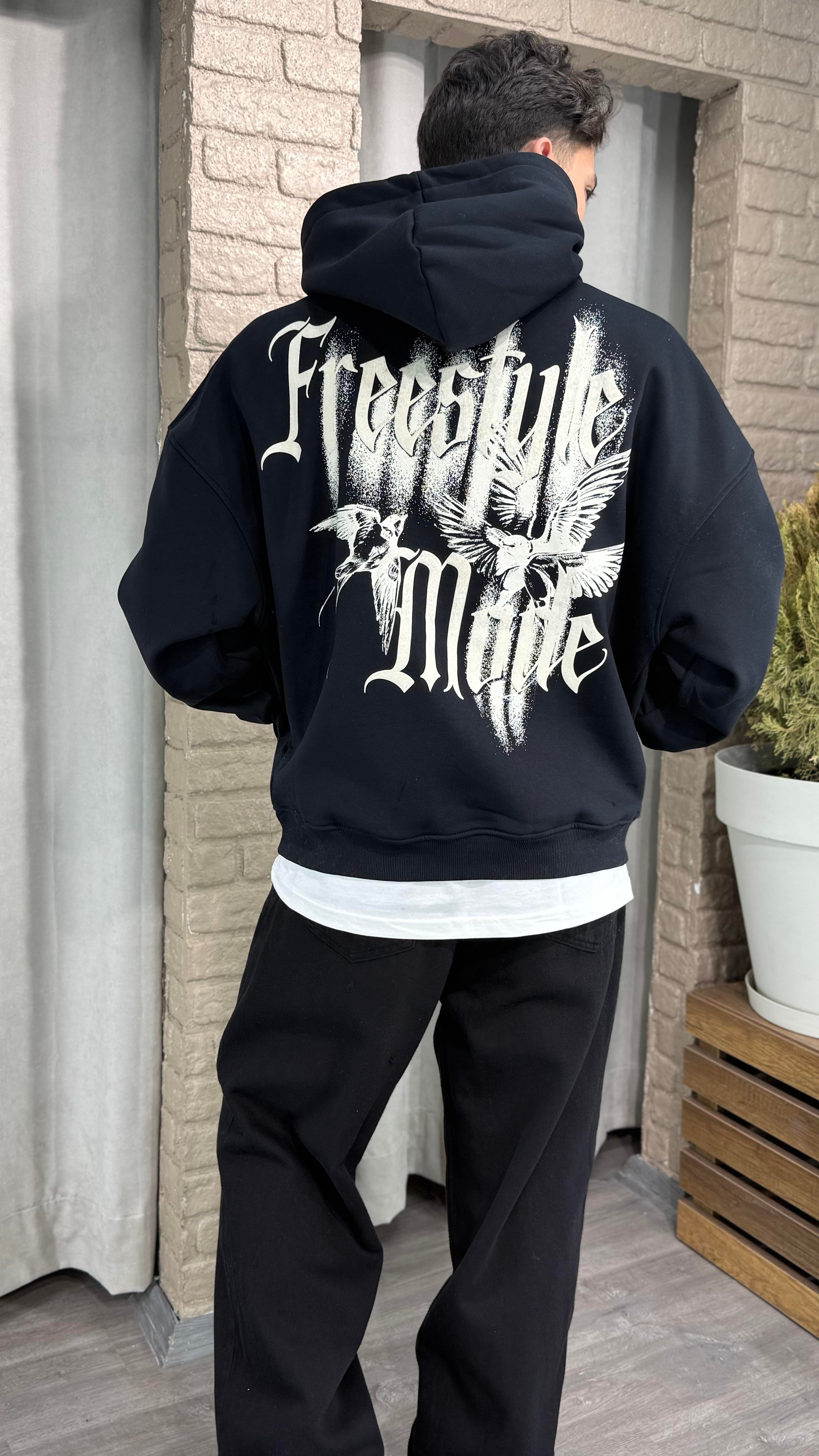 Oversize Kapüşonlu Şardonlu Baskılı Sweatshirt