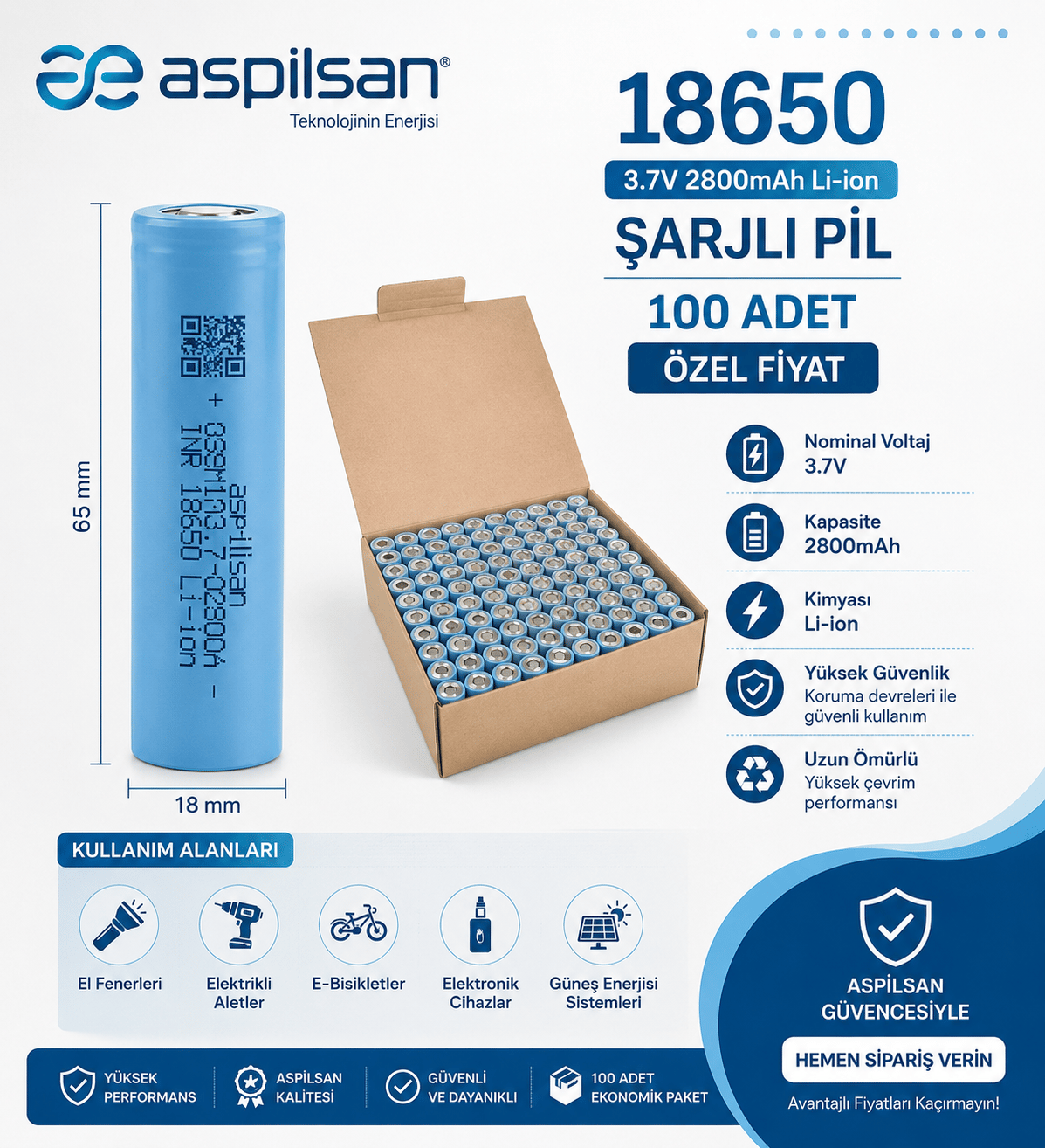 Aspilsan 18650 3.7V 2800mAh Li-ion Şarjlı Pil 100 Adet Özel Paket - PilgrossAspilsan 18650 3.7V 2800mAh Li-ion Şarjlı Pil 100 Adet Özel Fiyat - PilgrossLi-ion Piller