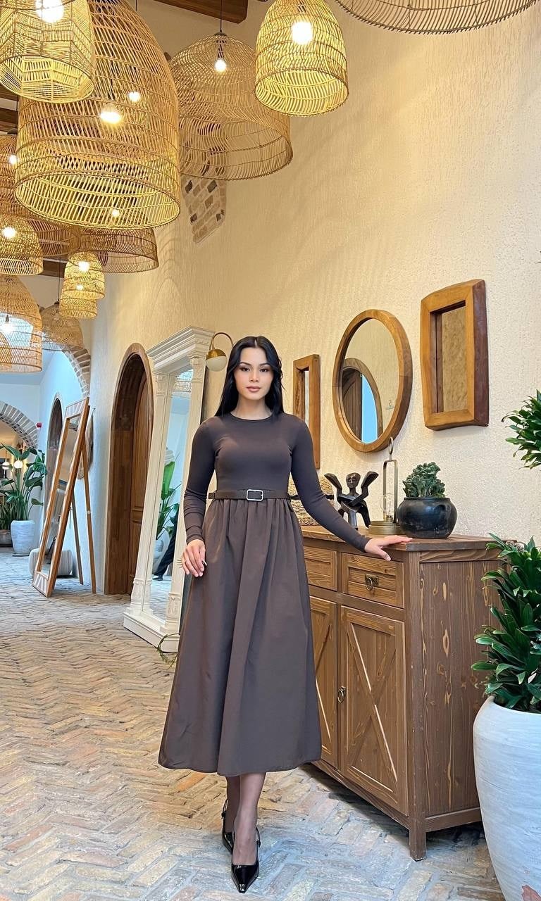3857-KAHVEYE KAHVE KAŞKORSE ALT POPLİN KEMERLİ ELBİSE