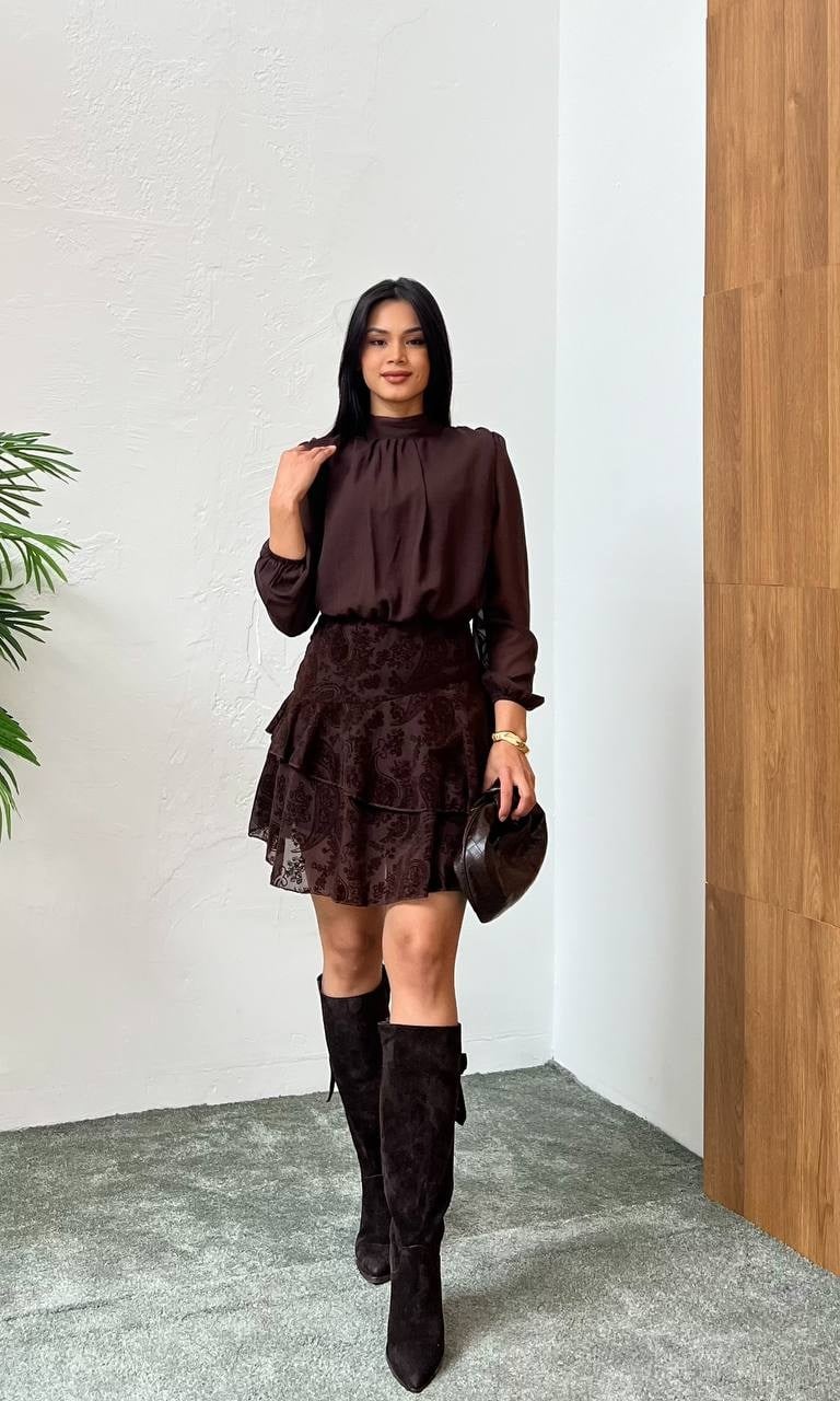 3863-Mini Üstü Şifon Altı Flok Baskılı Şifon Elbise Kahverengi