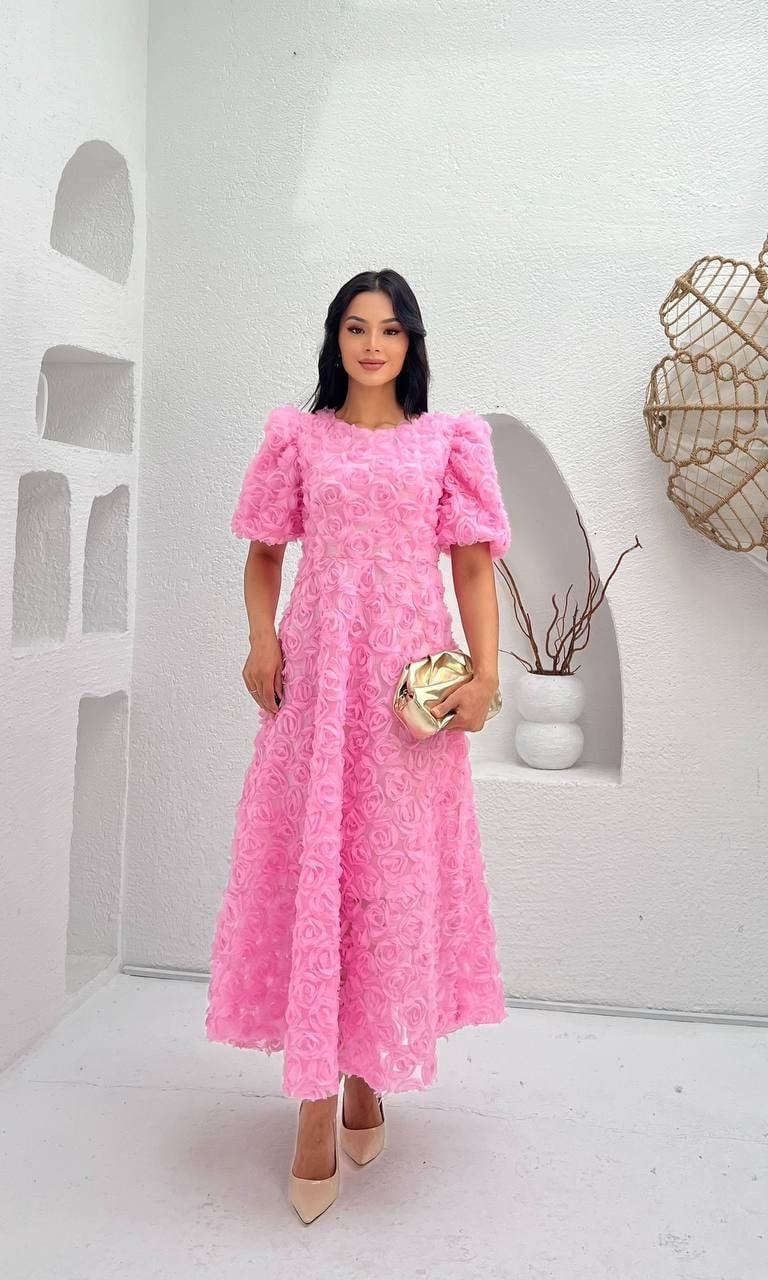 3876-PEMBE PRENSES OMUZ GÜL KUMAŞ ELBİSE
