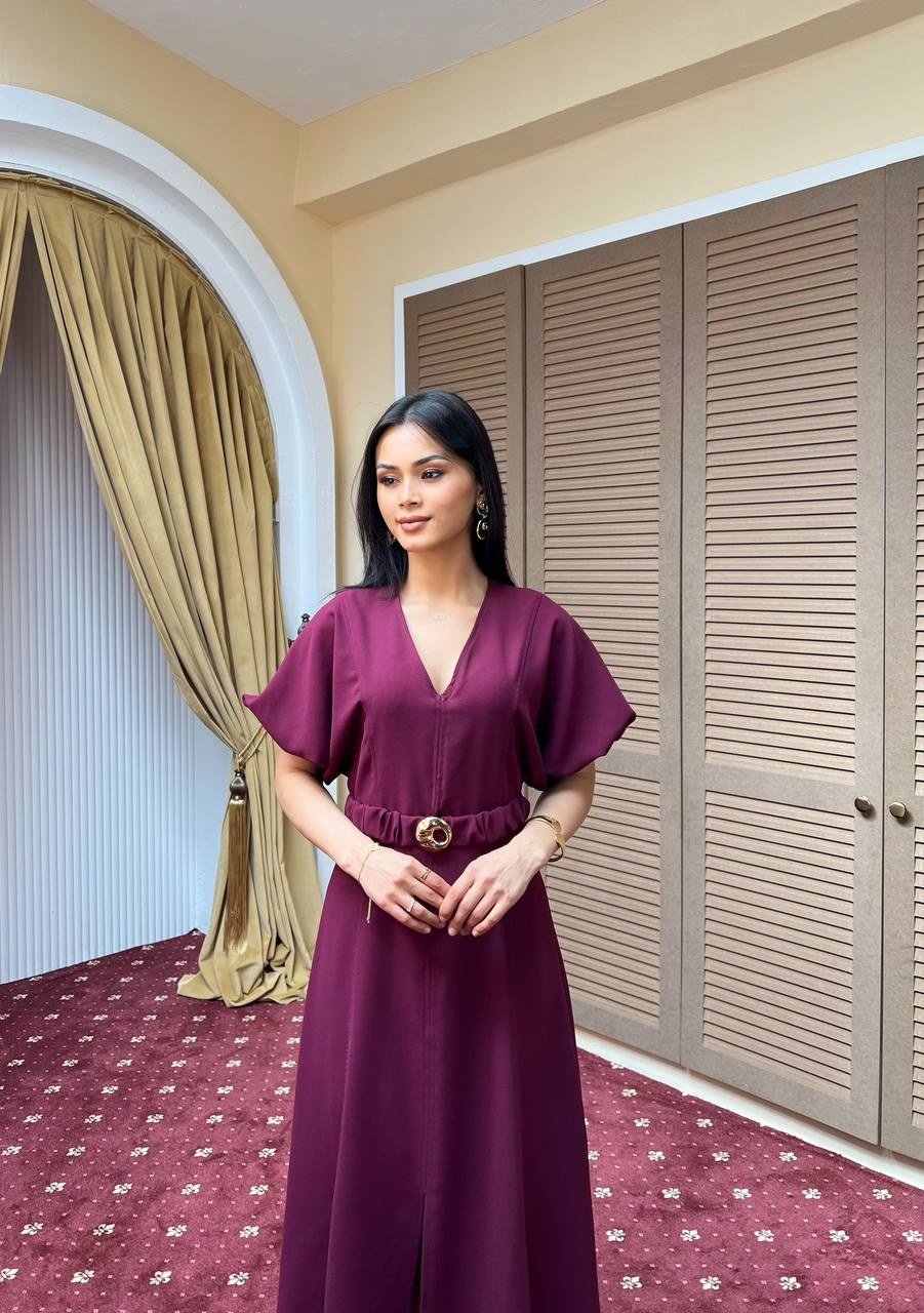 3909-BORDO DOUBLE KUMAŞ KENDİNDEN BROŞ KEMERLİ ELBİSE