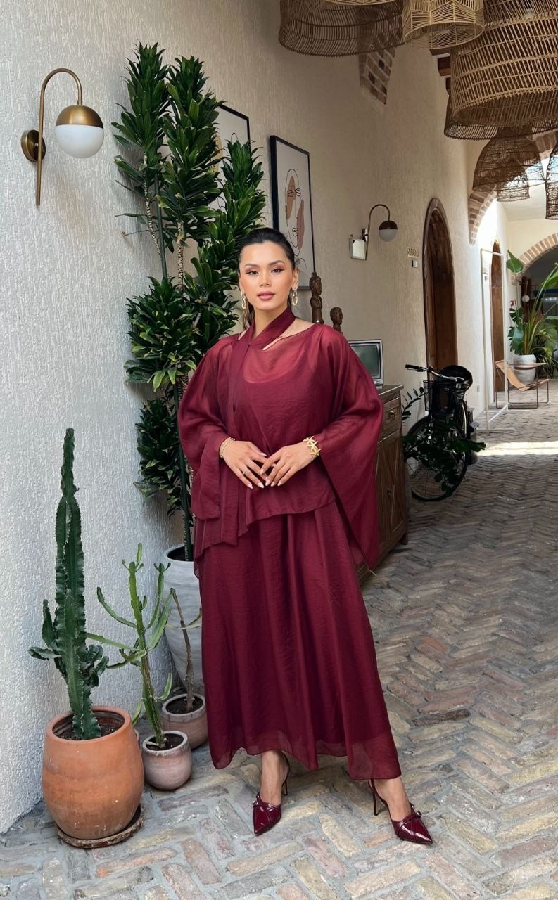 4086-Bordo Şifon Kaftan Detaylı Astar İçli Takım
