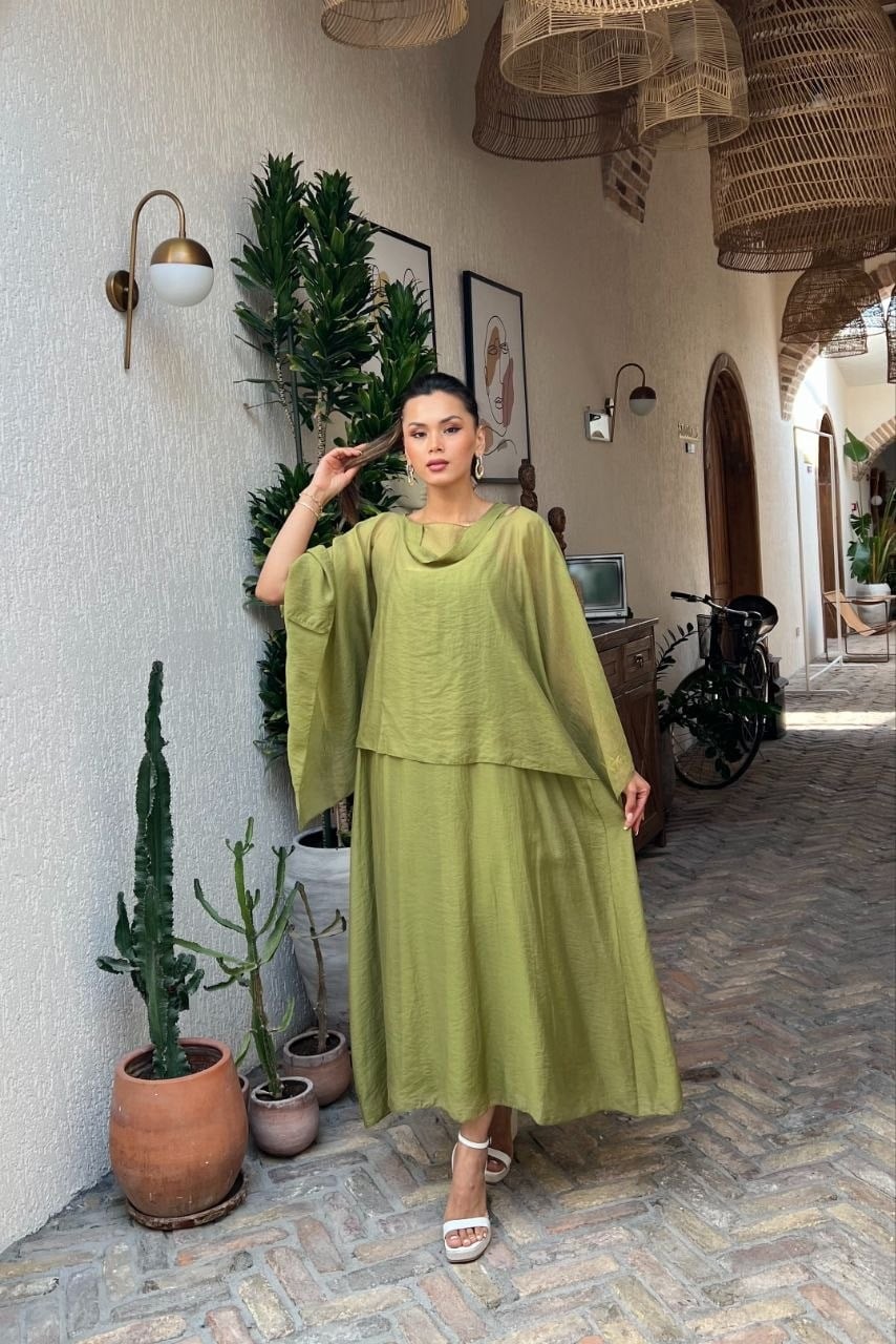 4086-Oliv Şifon Kaftan Detaylı Astar İçli Takım
