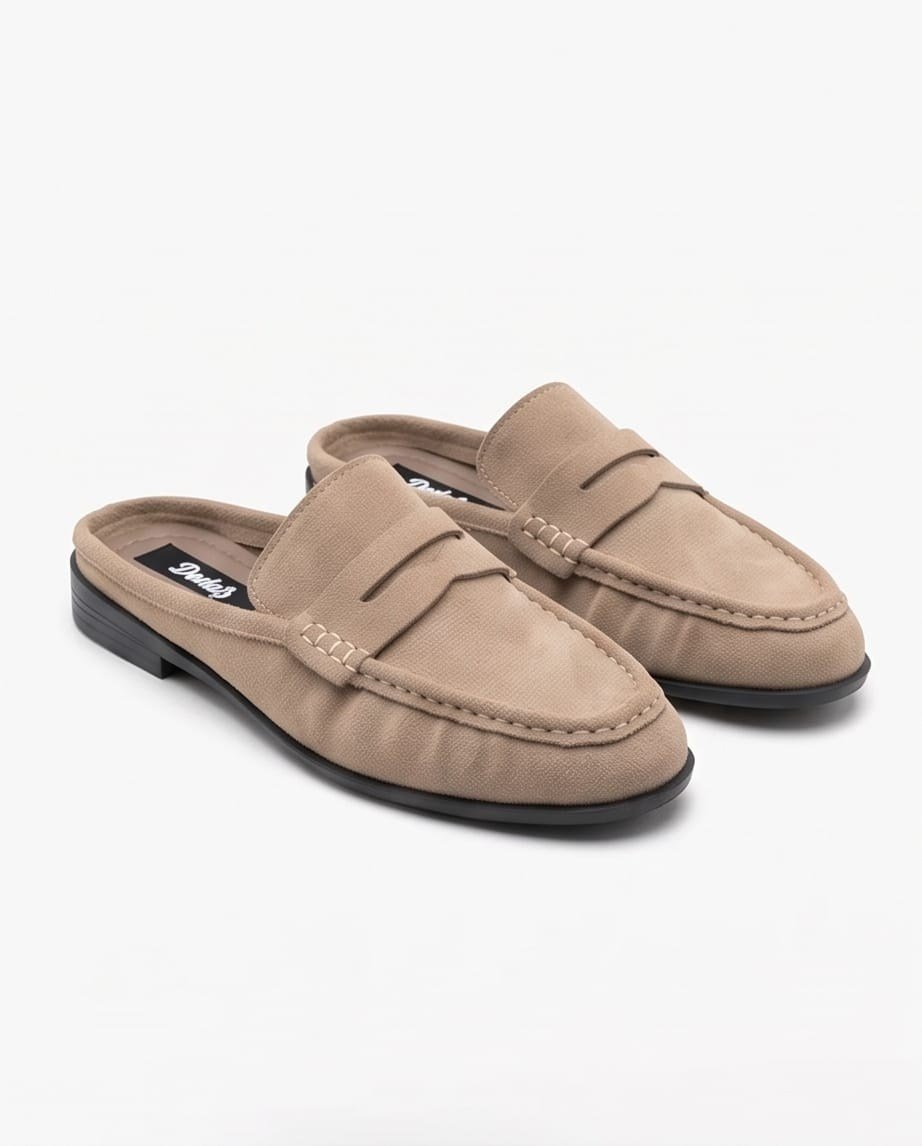 Kadın Bej Süet Arkası Açık Penny Loafer Maskülen Günlük Terlik Ayakkabı