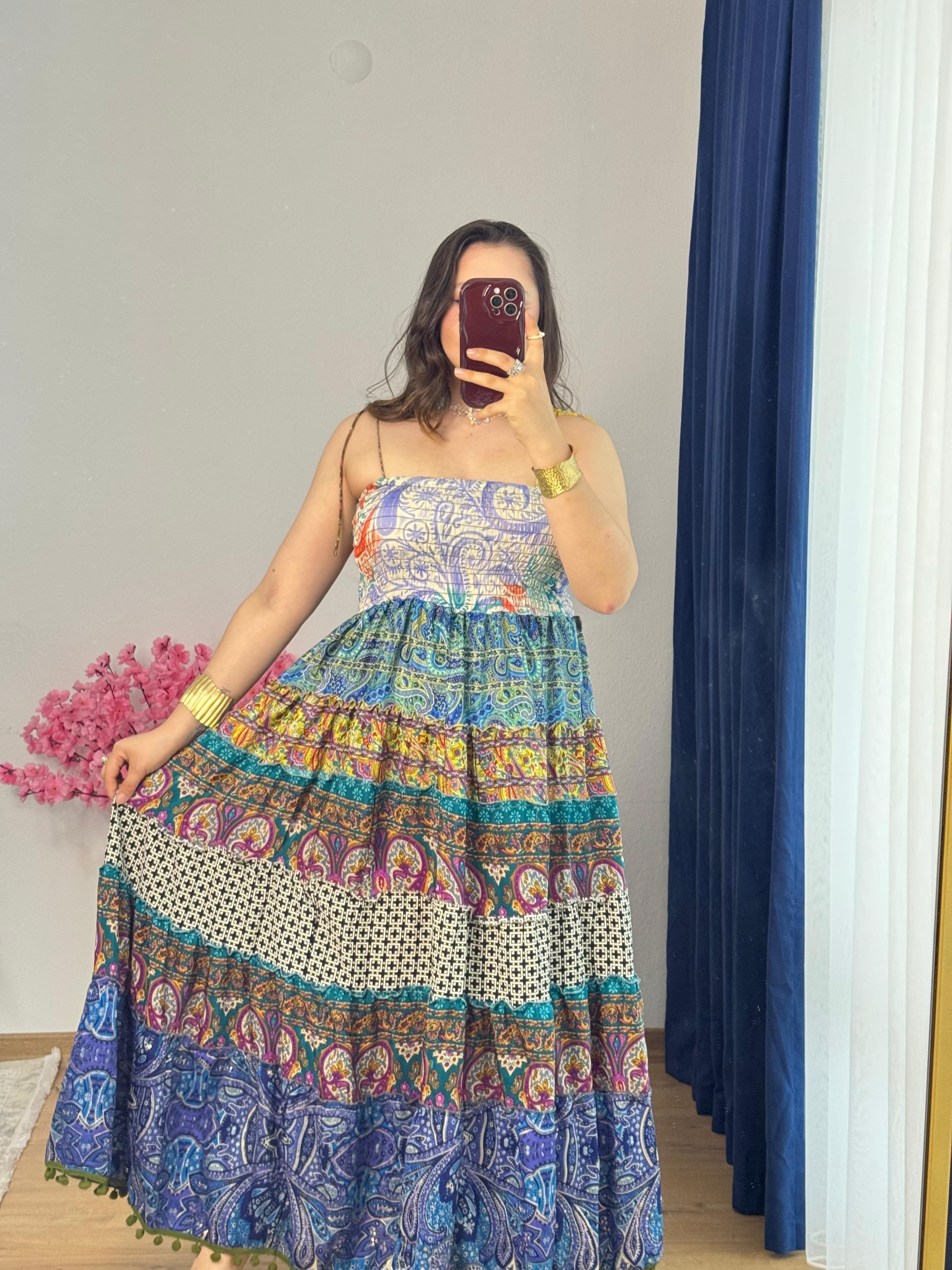 İpek Patchwork Straplez Elbise -50
