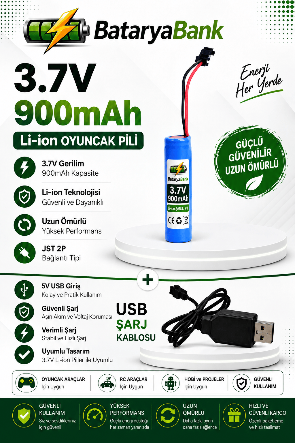 3.7V 900mAh Li-ion Oyuncak Pili USB Şarj Cihazlı 14500 Pil