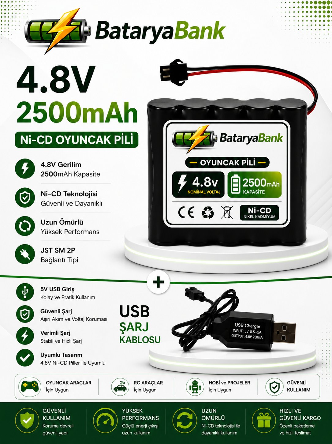 4.8V 2500mAh Oyuncak Pili Siyah Soket + USB Şarj Aleti | Ni-MH Şarjlı Batarya Seti