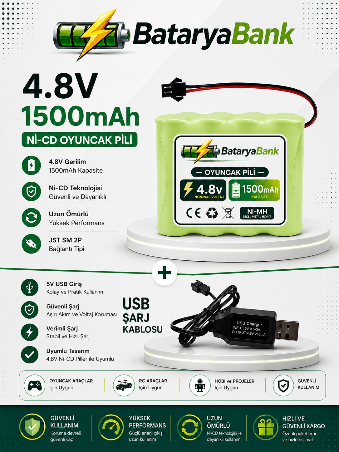 4.8V 1500mAh Oyuncak Araba Pili Bataryası + USB Şarj Cihazı Siyah Soketli Ni-MH Şarjlı Batarya Seti