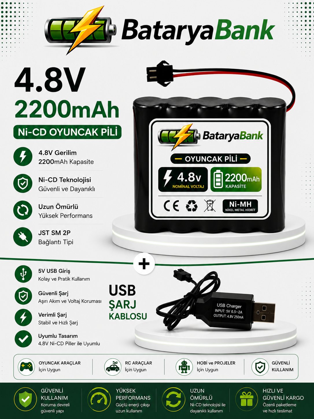 4.8V 2200mAh Oyuncak Pili Siyah Soket + USB Şarj Cihazı | Şarjlı Oyuncak Bataryası