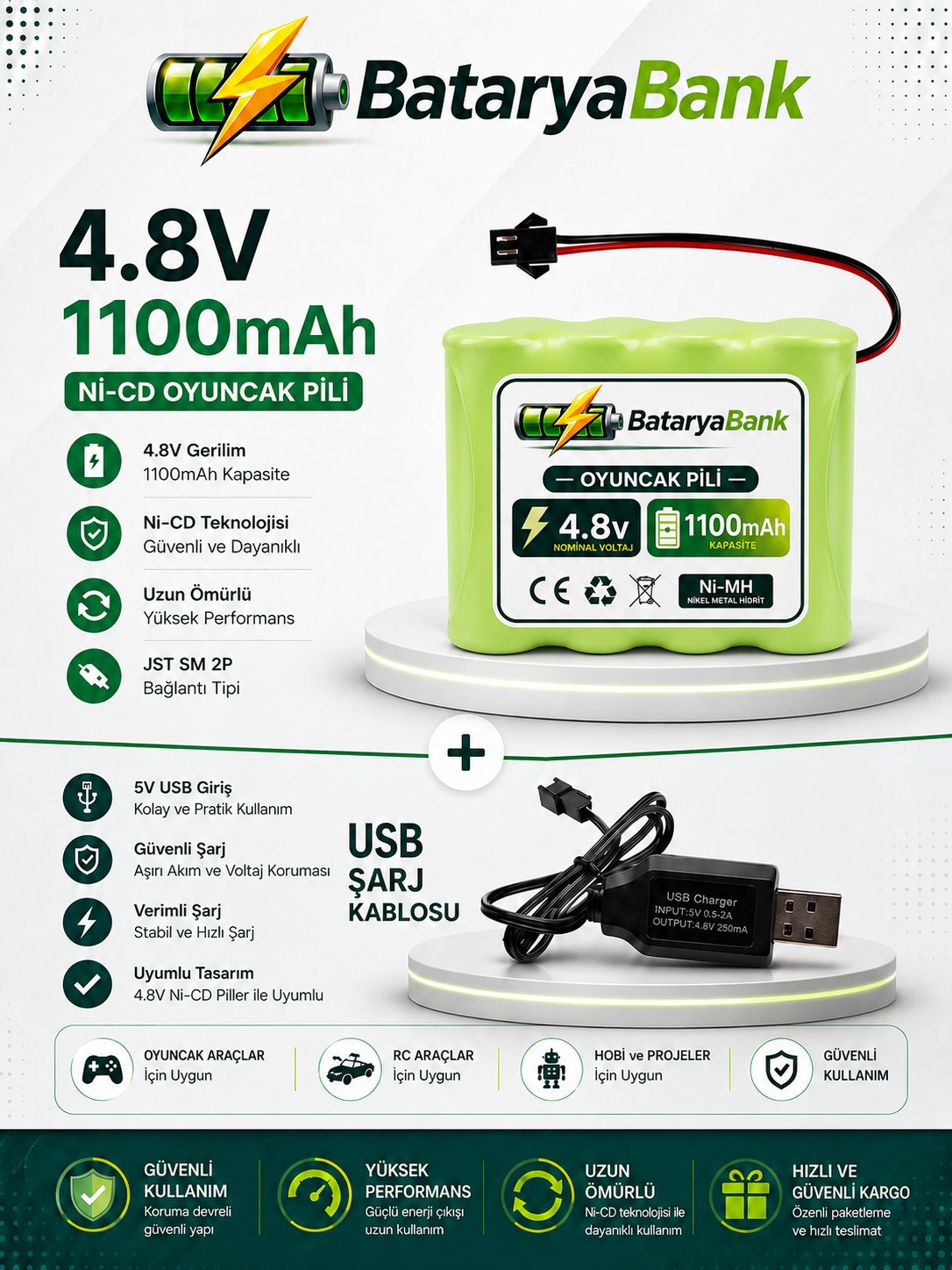 4.8V 1100mAh Oyuncak Araba Pili Siyah Soket + USB 4.8V Şarj Cihazı 250mAh Seti