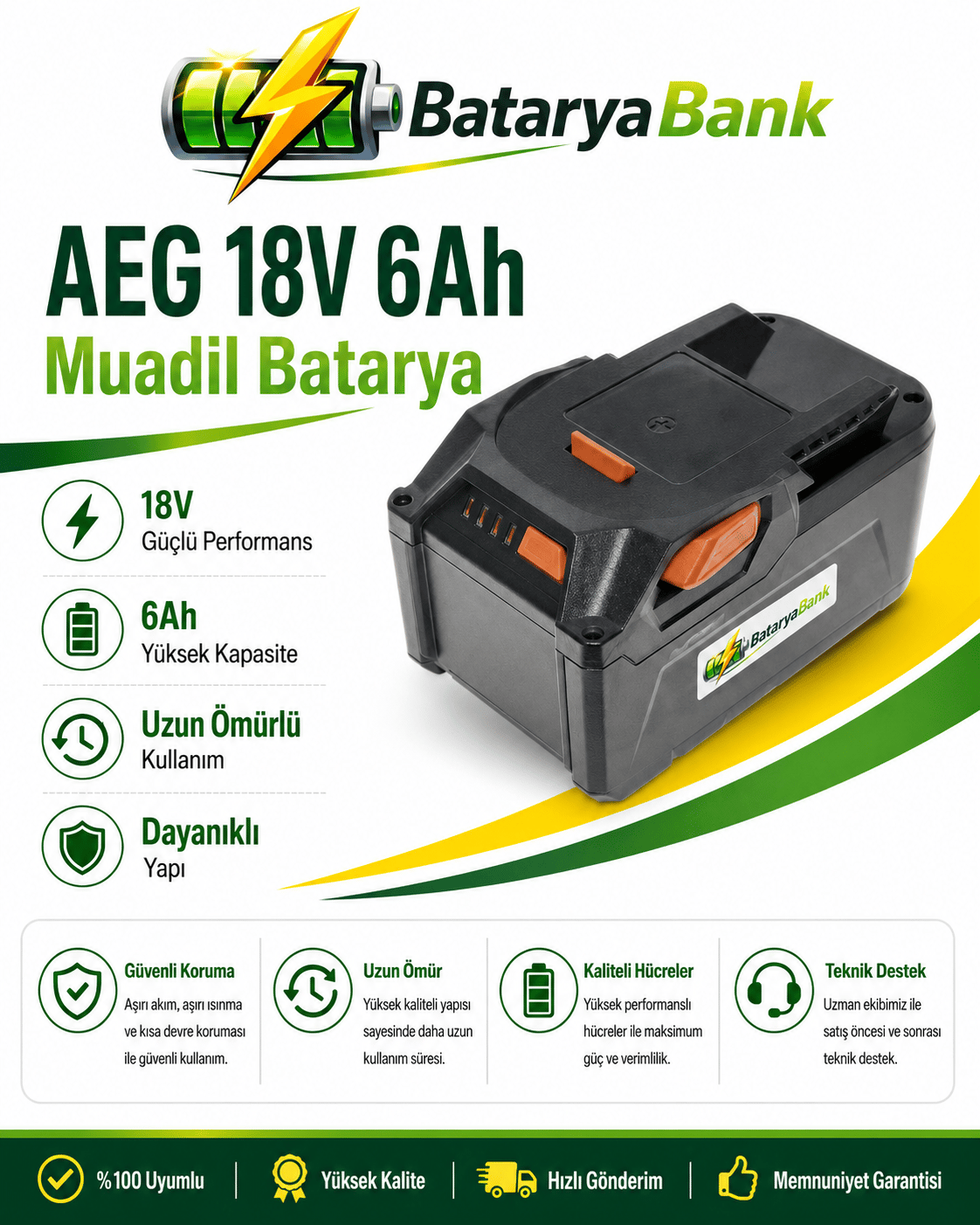 BataryaBank AEG 18V 6Ah Li-ion Muadil Matkap Bataryası