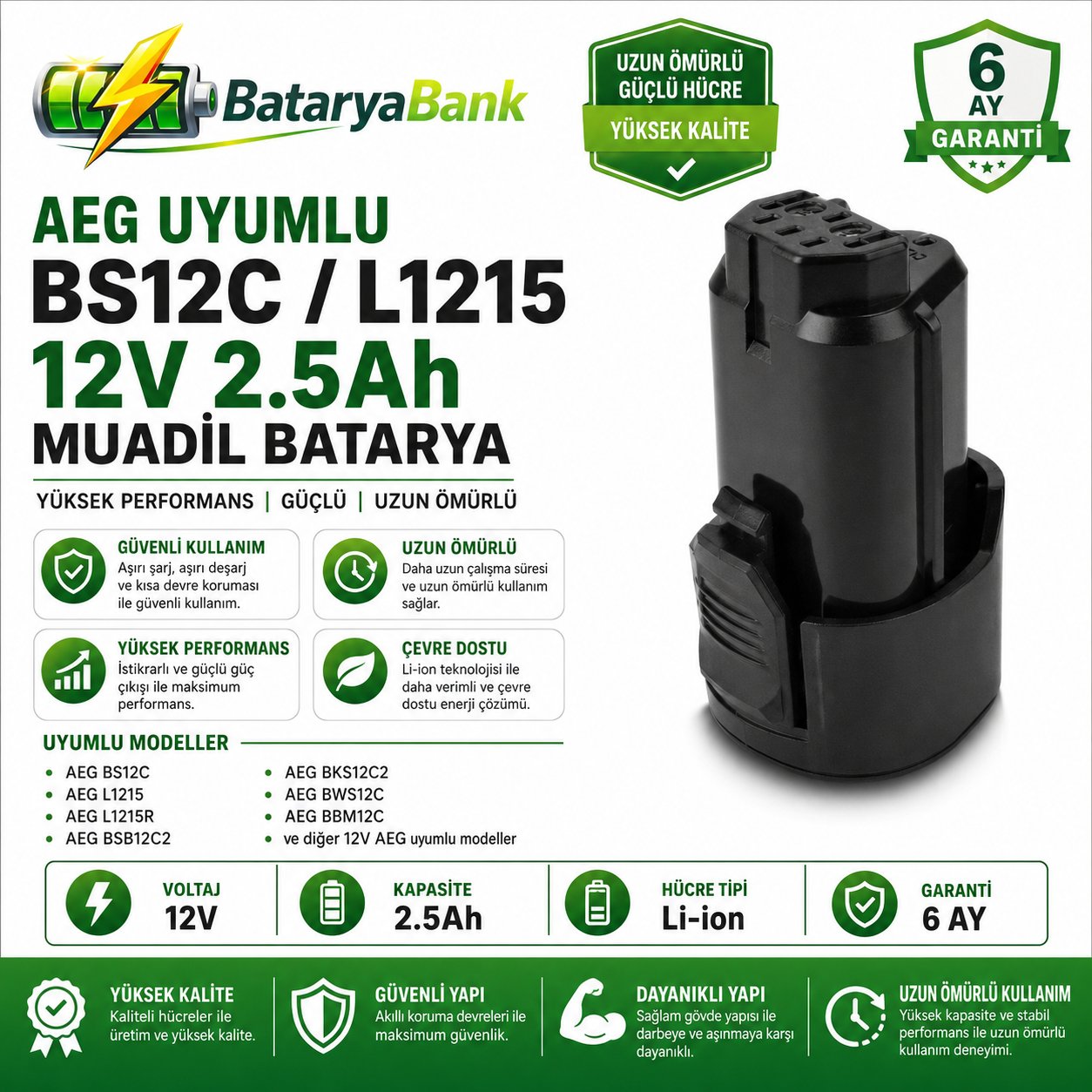 BataryaBank AEG BS12C / L1215 Uyumlu 12V 2.5Ah Li-ion Muadil Matkap Bataryası