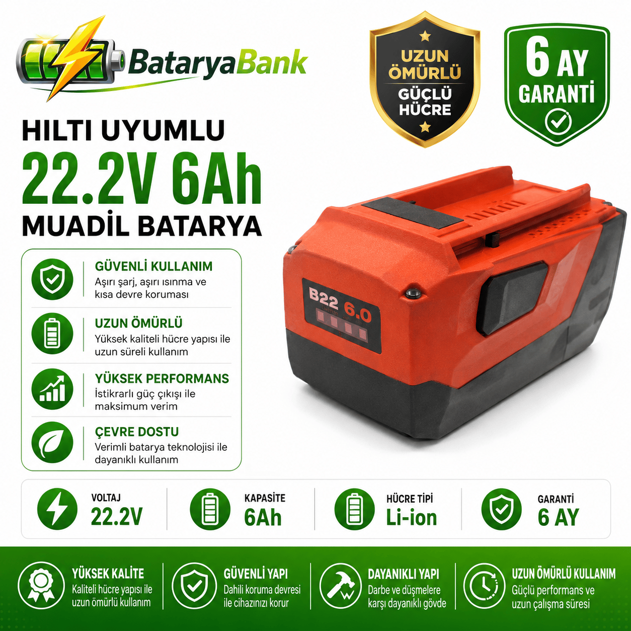 BataryaBank Hilti B22 Uyumlu 22.2V 6Ah Li-ion Muadil Matkap Bataryası