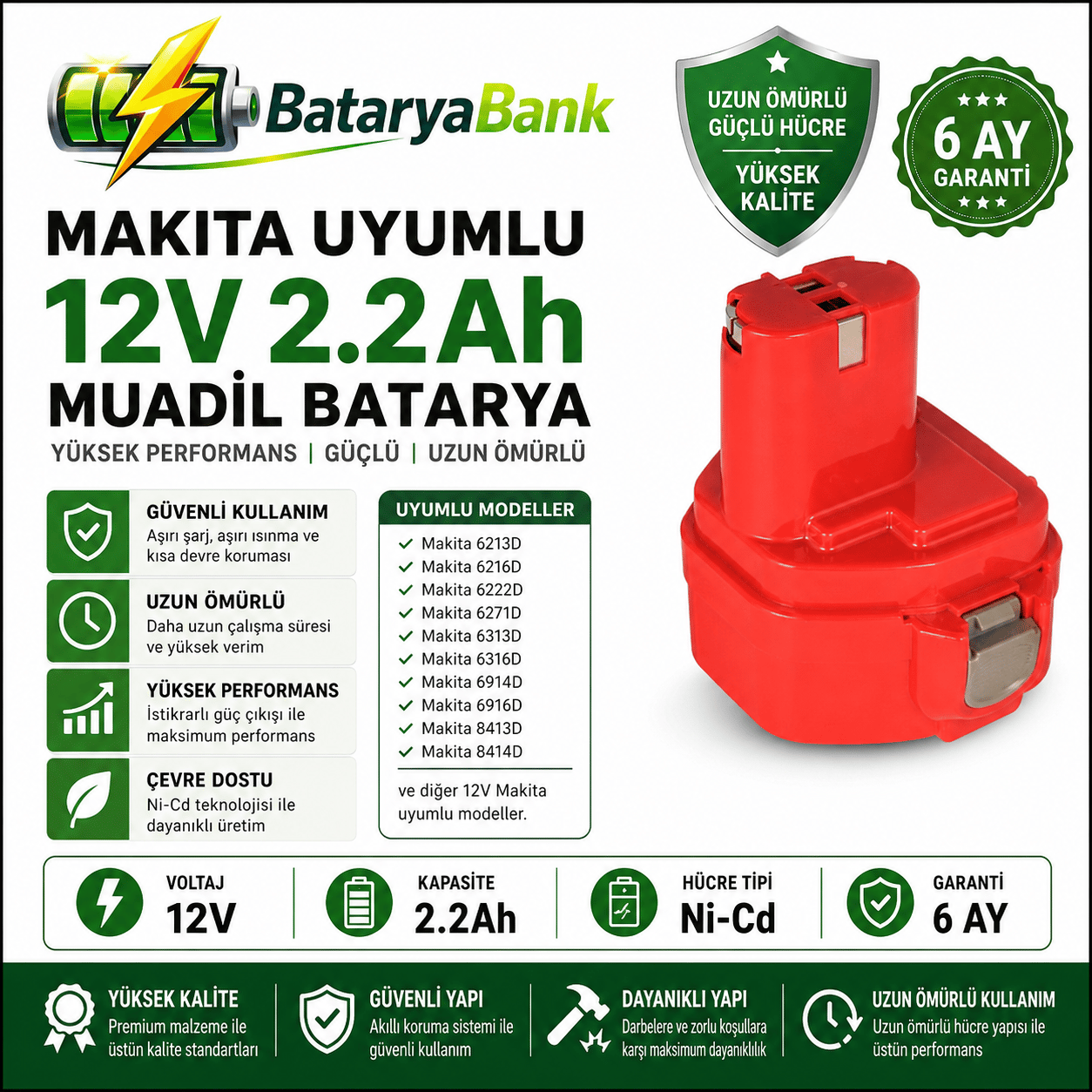BataryaBank Makita 12V 2.2Ah 2200mAh Ni-Cd Muadil Matkap Bataryası