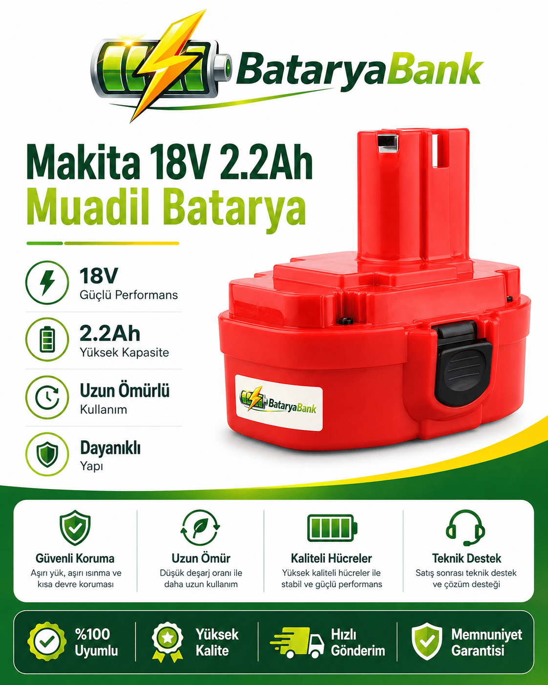BataryaBank Makita 18V 2.2Ah 2200mAh Ni-Cd Muadil Matkap Bataryası