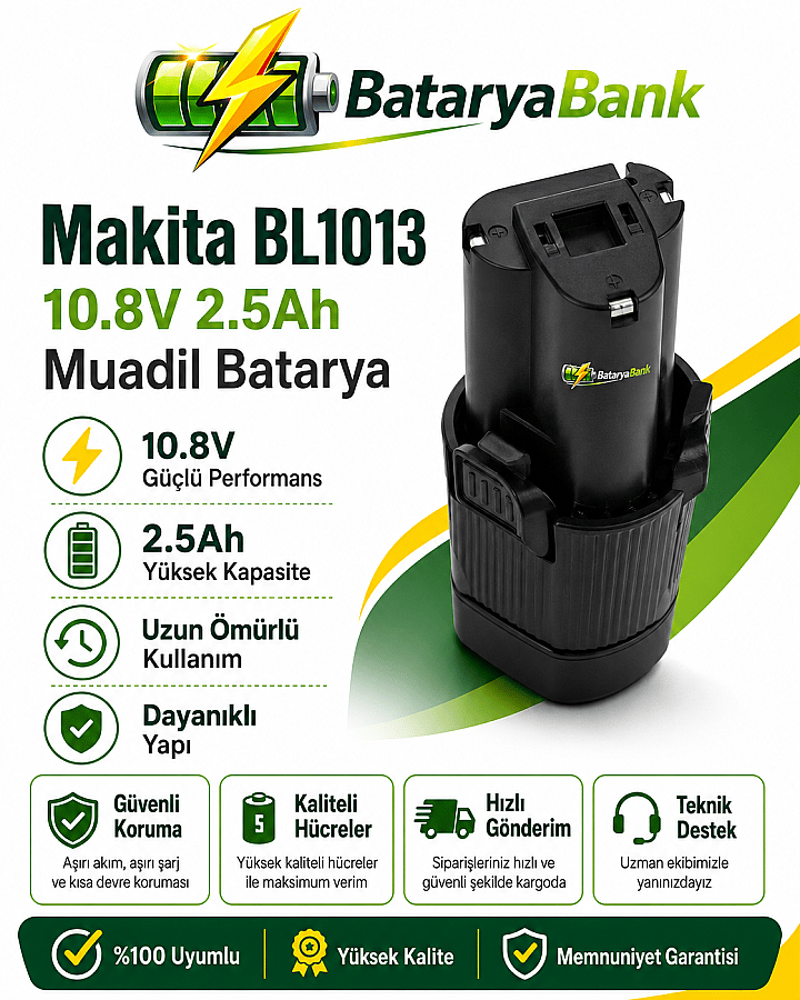 BataryaBank Makita BL1013 Uyumlu 10.8V 2.5Ah 2500mAh Li-ion Muadil Matkap Bataryası