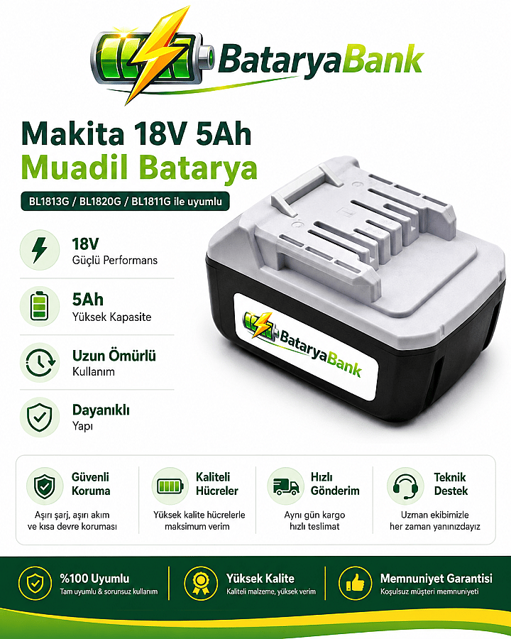 BataryaBank Makita BL1813G / BL1820G / BL1811G Uyumlu 18V 5Ah 5000mAh Li-ion Muadil Matkap Bataryası
