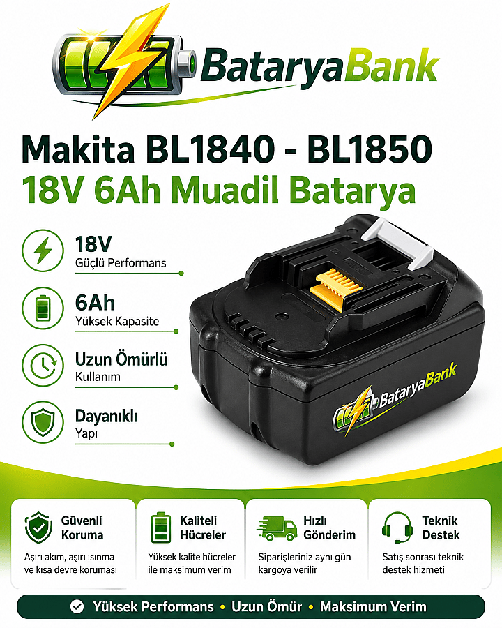 BataryaBank Makita BL1840 / BL1850 Uyumlu 18V 6Ah 6000mAh Li-ion Muadil Matkap Bataryası
