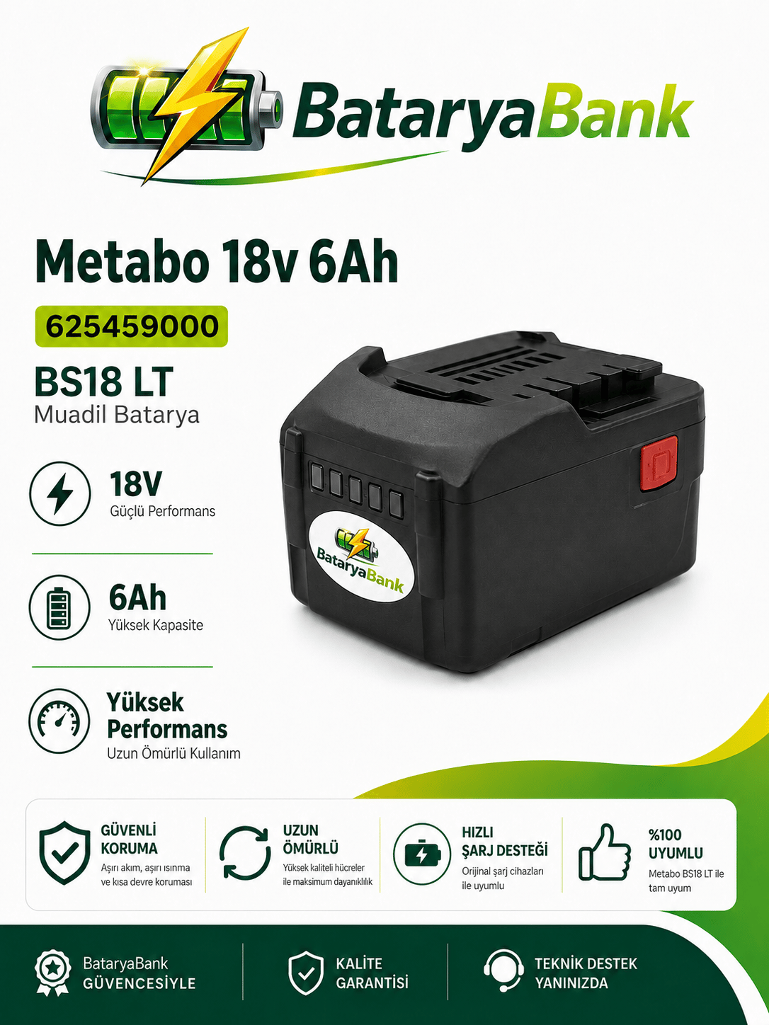 BataryaBank Metabo 625459000 BS18 LT Uyumlu 18V 6Ah Muadil Matkap Bataryası