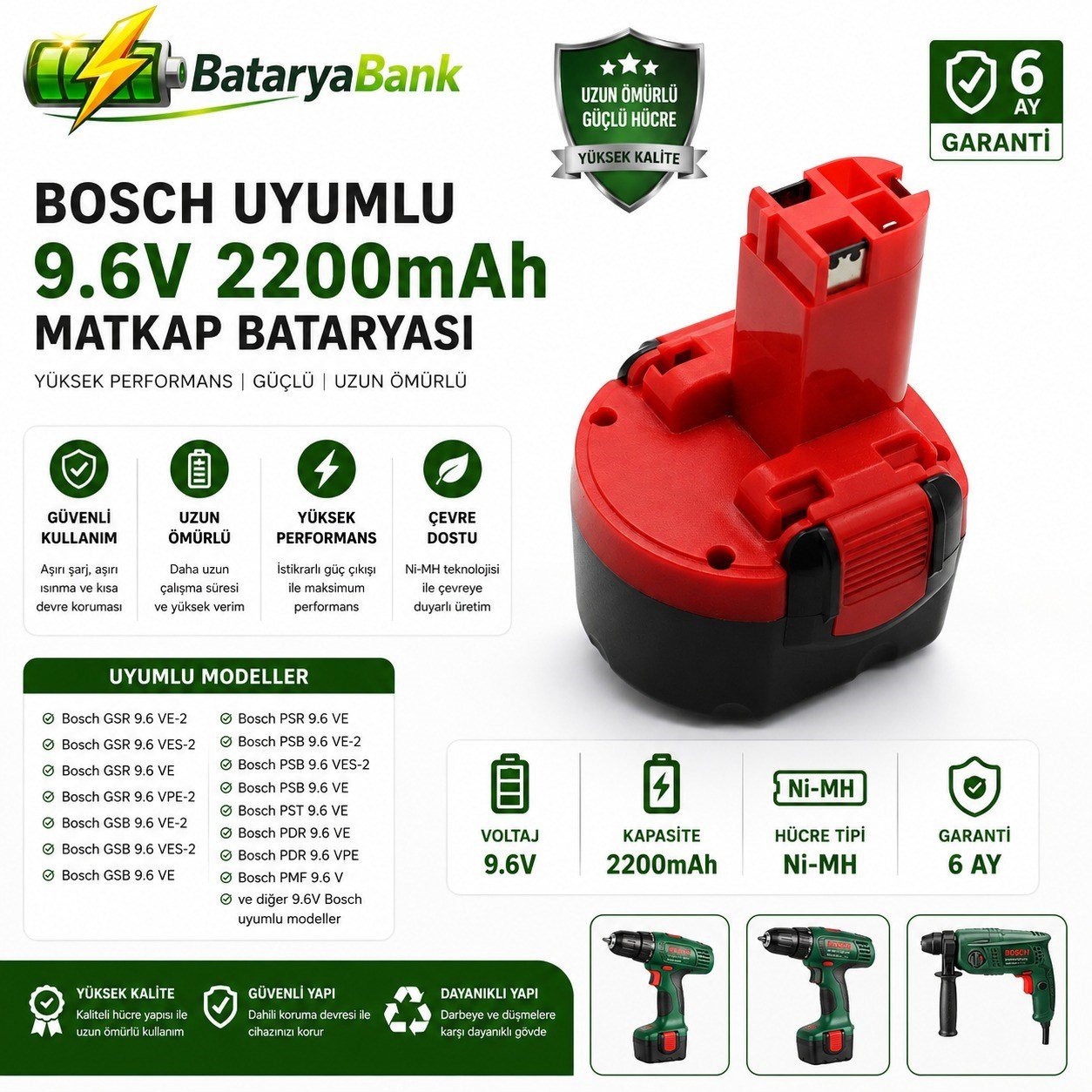 Bosch 9.6v 2200mAH Ni-Cd Batarya