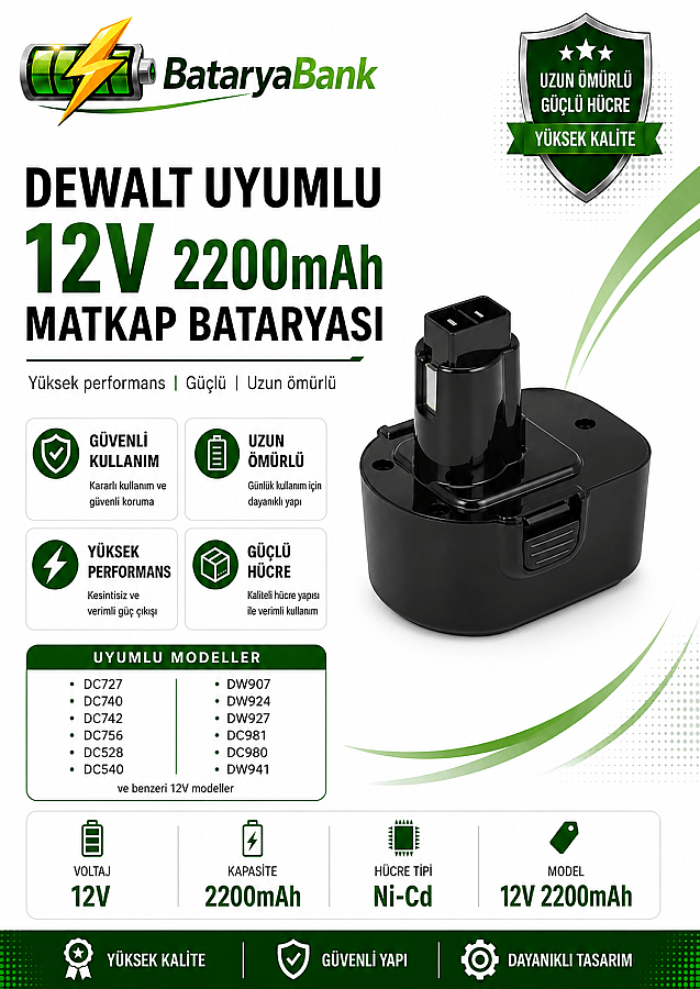 Dewalt 12V 2200mAh Muadil Batarya
