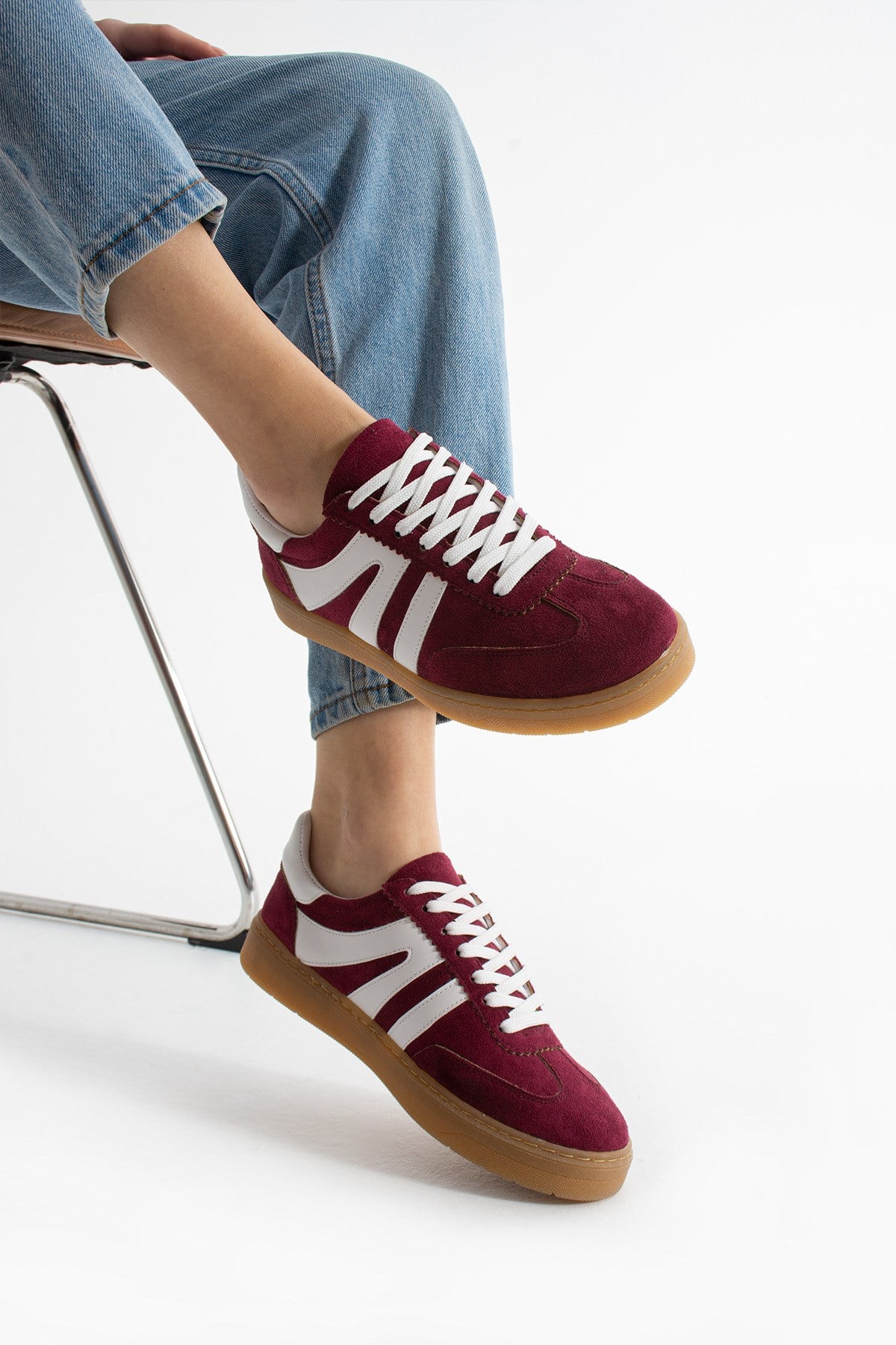 Kadın Sneaker Bağcıklı Rahat Düz Ortopedik Taban Günlük Spor Ayakkabı Bordo