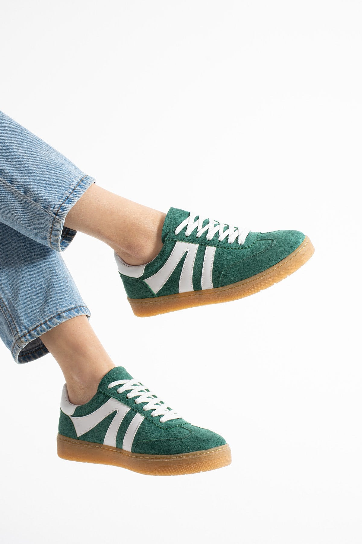 Kadın Sneaker Bağcıklı Rahat Düz Ortopedik Taban Günlük Spor Ayakkabı Yeşil