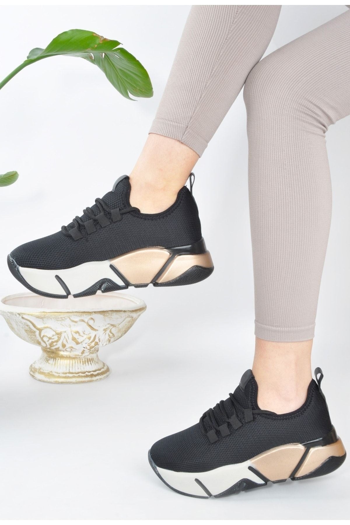 Kadın Sneaker Bağcıklı Triko Esnek Hafif Ve Kalın Tabanlı Yürüyüş Spor Ayakkabı