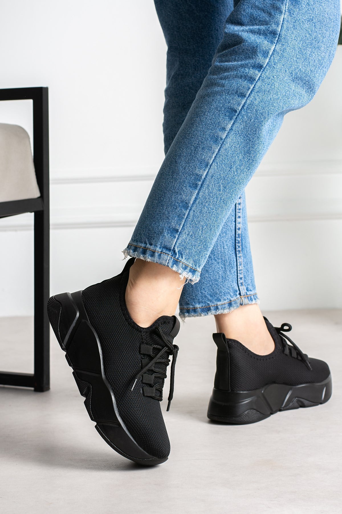 Siyah-Siyah Kadın Bağcık Detaylı Fileli Sneaker Ve Günlük Kadın Spor Ayakkabı Kadın Sneakers