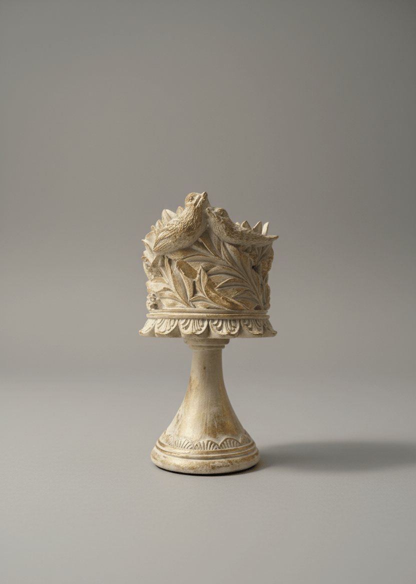 Dekoratif Polyester Kuşlu Ayaklı Şamdan Mumluk Krem Eskitme 23X11X10 cm