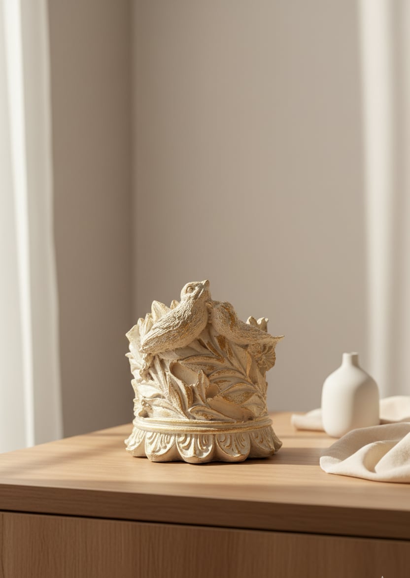 Dekoratif Polyester Kuşlu Şamdan Mumluk Krem Eskitme 11X11X10 cm