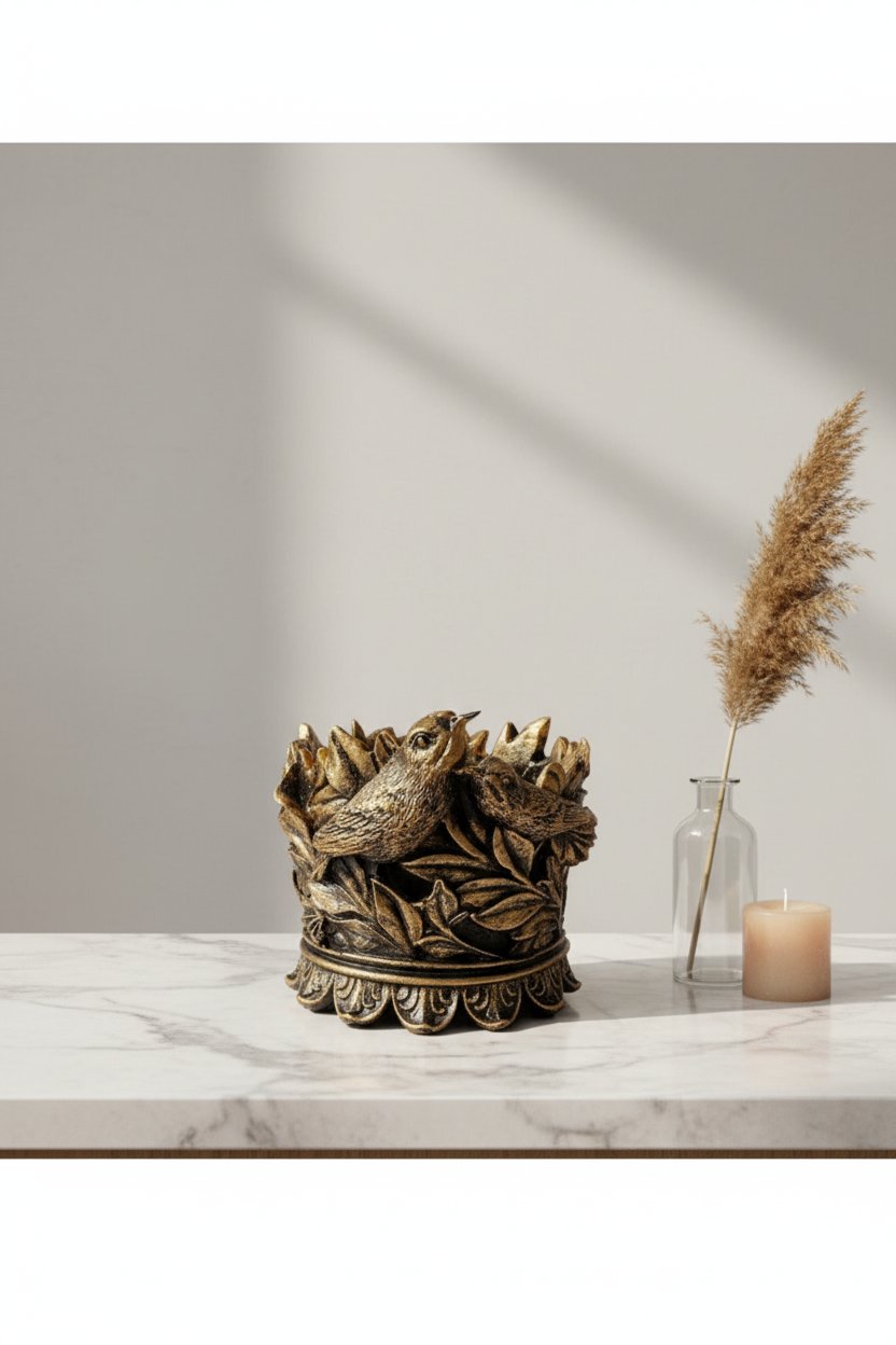 Dekoratif Polyester Kuşlu Şamdan Mumluk Gold Eskitme 11X11X10 cm