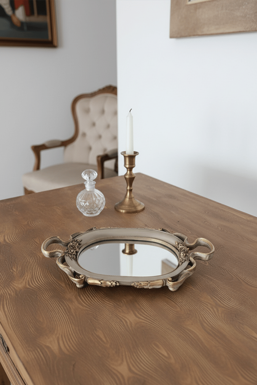 Şık Klasik Oval Aynalı Hediyelik Nişan Sunum Tepsisi