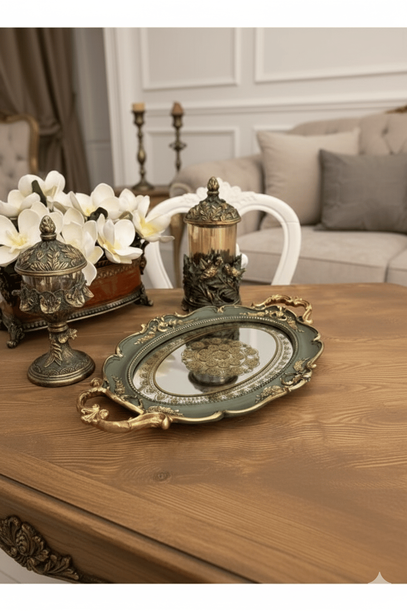 Şık Klasik Oval Aynalı Hediyelik Nişan Sunum Tepsisi