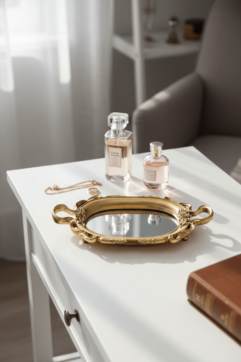 Şık Oymalı Hediyelik Aynalı Klasik Sunum Tepsi