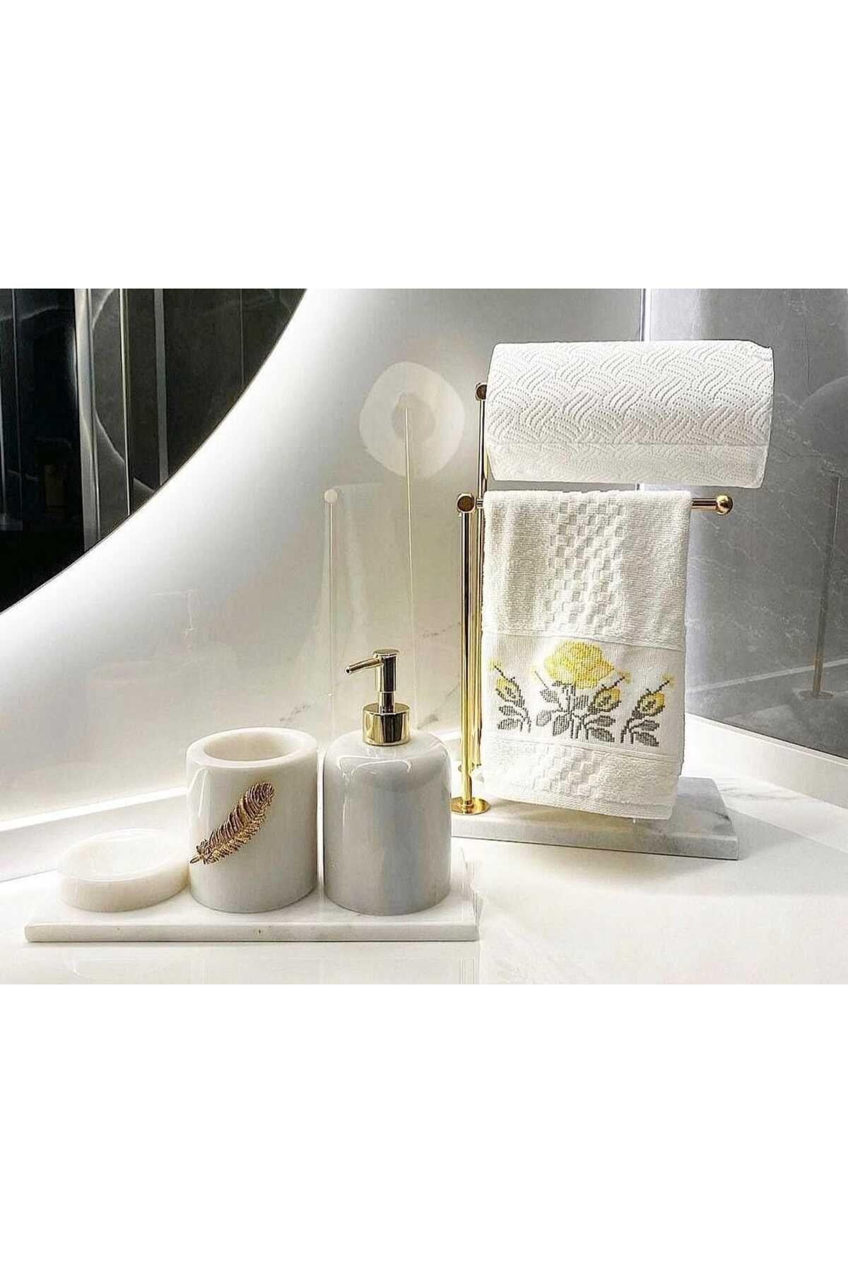 Beyaz Mermer Banyo Seti-5 Parça Gold Yaprak Detaylı  Havluluk