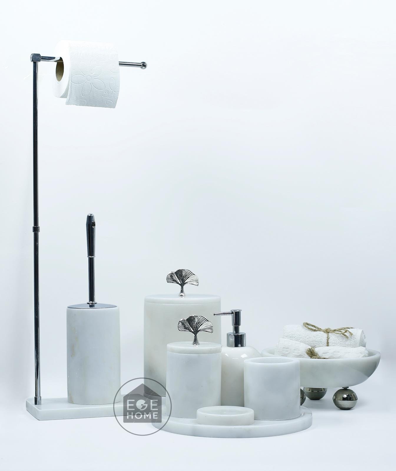 DEKORAFİT BEYAZ MERMER 7 PARÇA BANYO SETİ WC HAVLULUK-KASE GÜMÜŞ YAPRAK