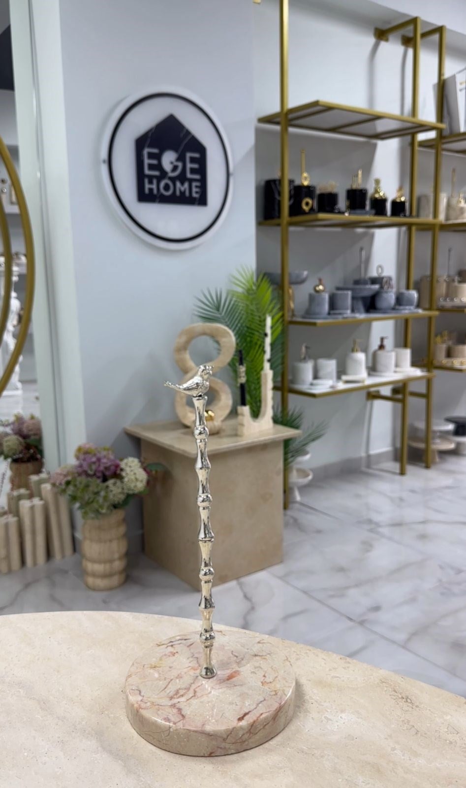 DEKORATİF BEJ MERMER RULO HAVLULUK GÜMÜŞ KUŞ