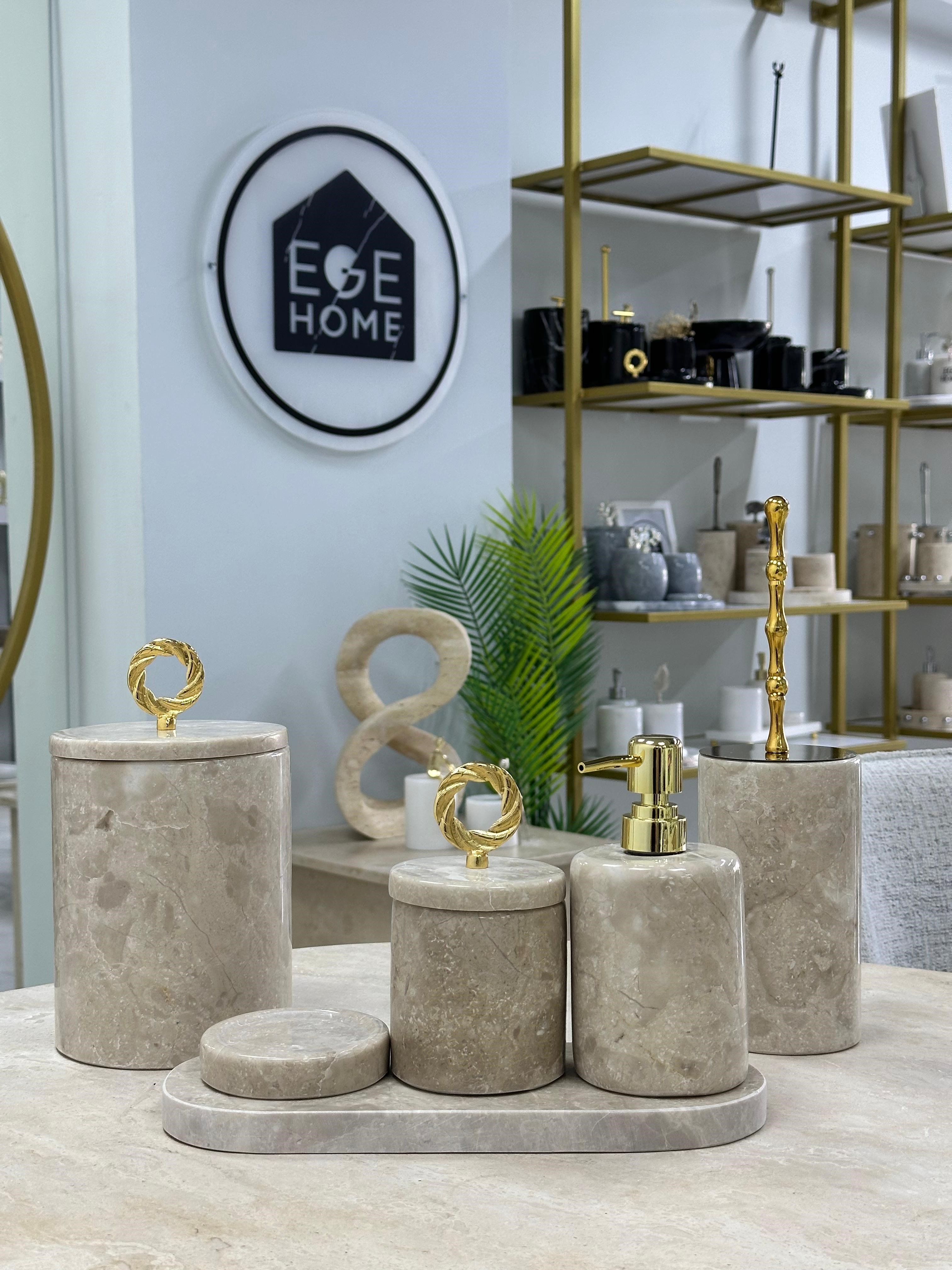 DEKORATİF DOĞAL BEJ MERMER 6 PARÇA GOLD MERCAN BANYO SETİ 